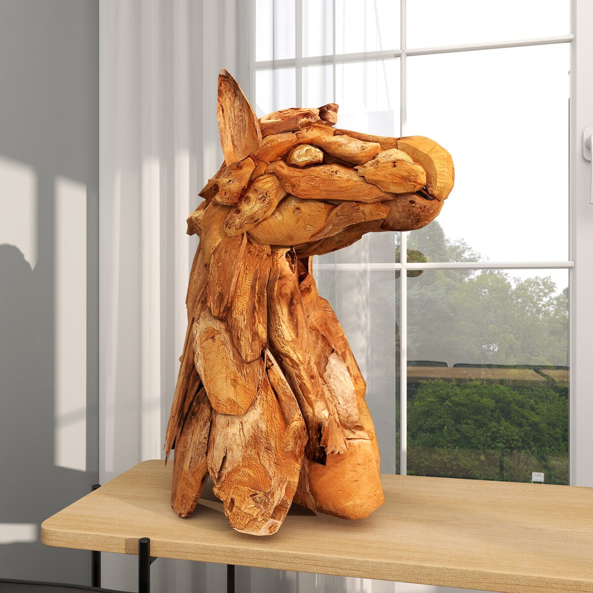 Teak Wood Horse Handmade Head Decorative Sculpture with Layered Woodchip Pieces - Brown - Roche River Decor