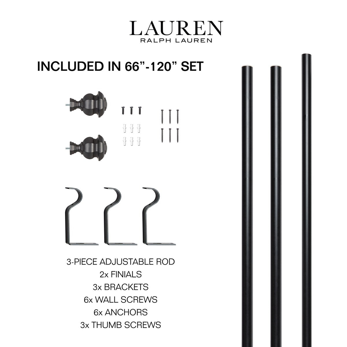 Lauren Ralph Lauren Welford 1 Adjustable Window Curtain Rod and Finial Set