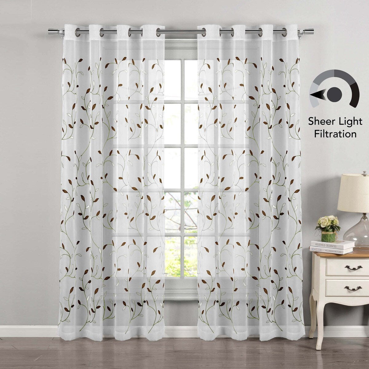 Wavy Leaves Embroidered Sheer Extra Wide Window Curtain (Single Panel)