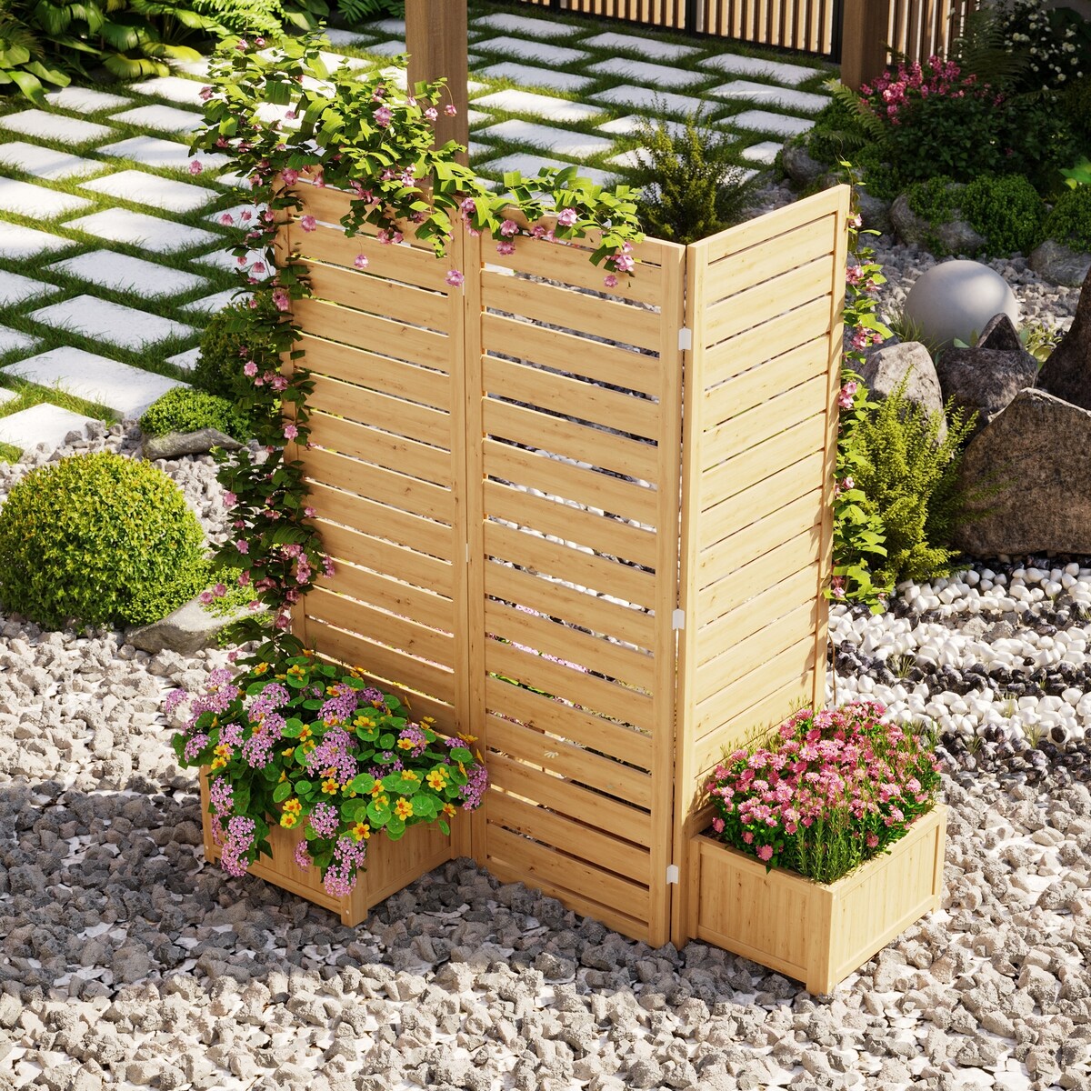 Cedar Tri-Fold Privacy Screen with 4 Planter Boxes, Weather-Resistant