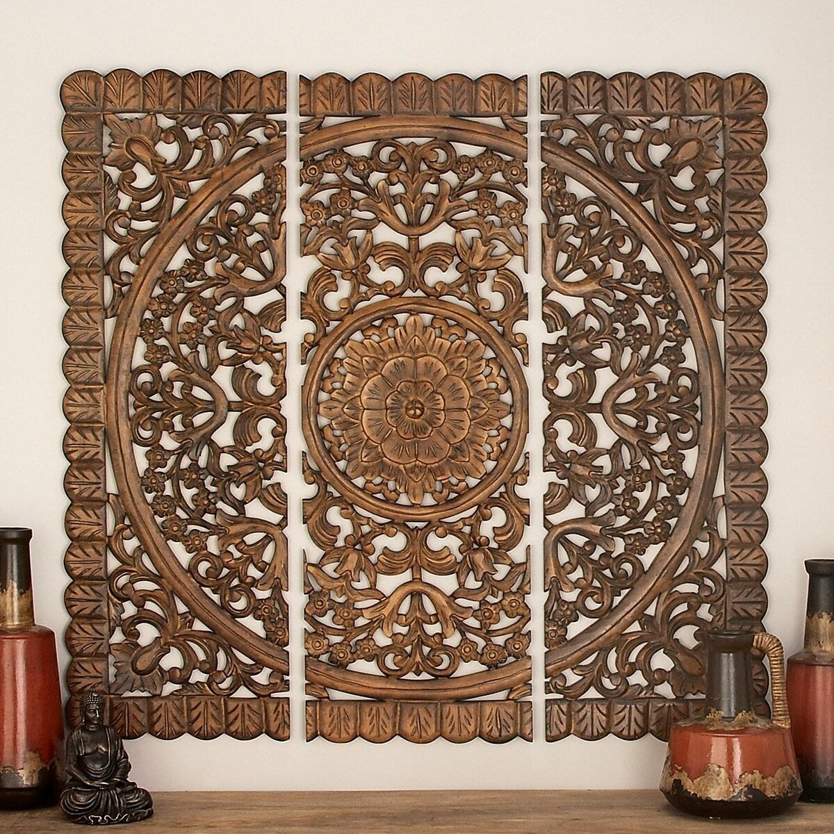 Wooden Floral Handmade Intricately Carved Mandala Panel Home Wall Decor - Set of 3 Brown - Roche River Decor