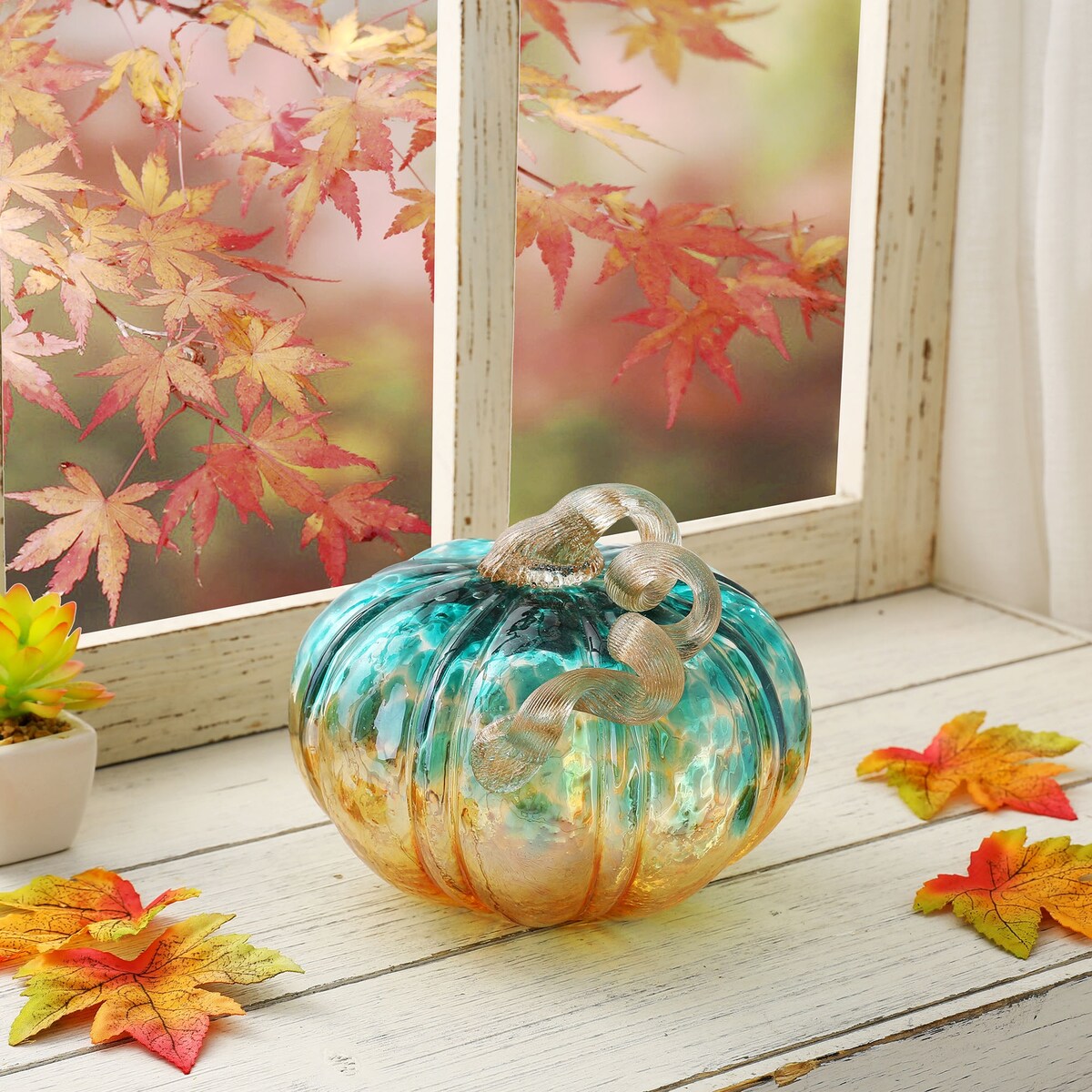 Glitzhome Fall Harvest Hand Blown Glass Pumpkin for Thanksgiving Decor