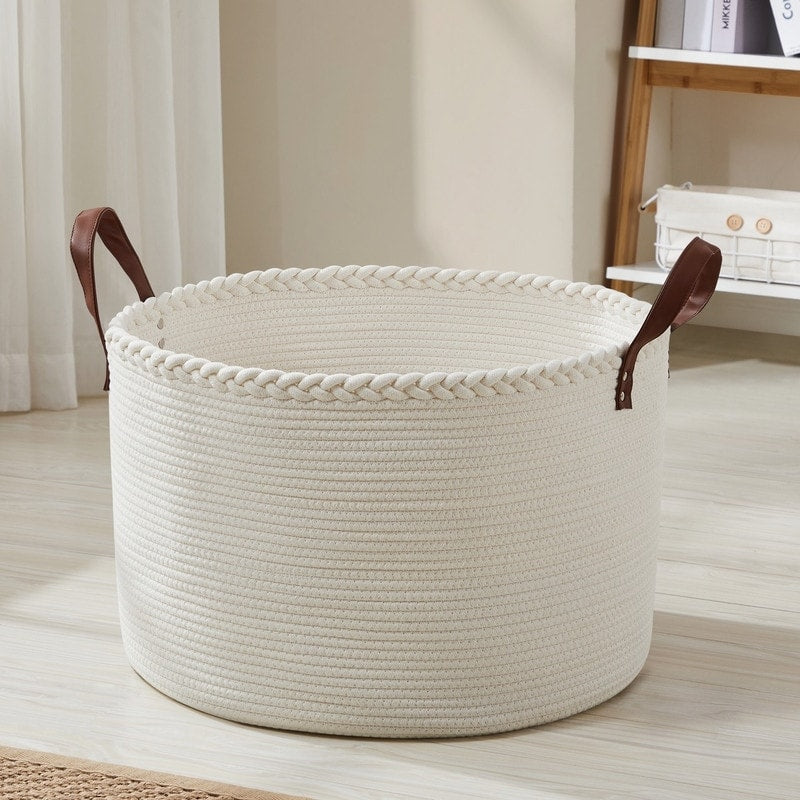 Large Round Cotton Rope Storage Basket Laundry Hamper with Leather Handles, 21 x 21 x 14 - 21 x 21 x 14