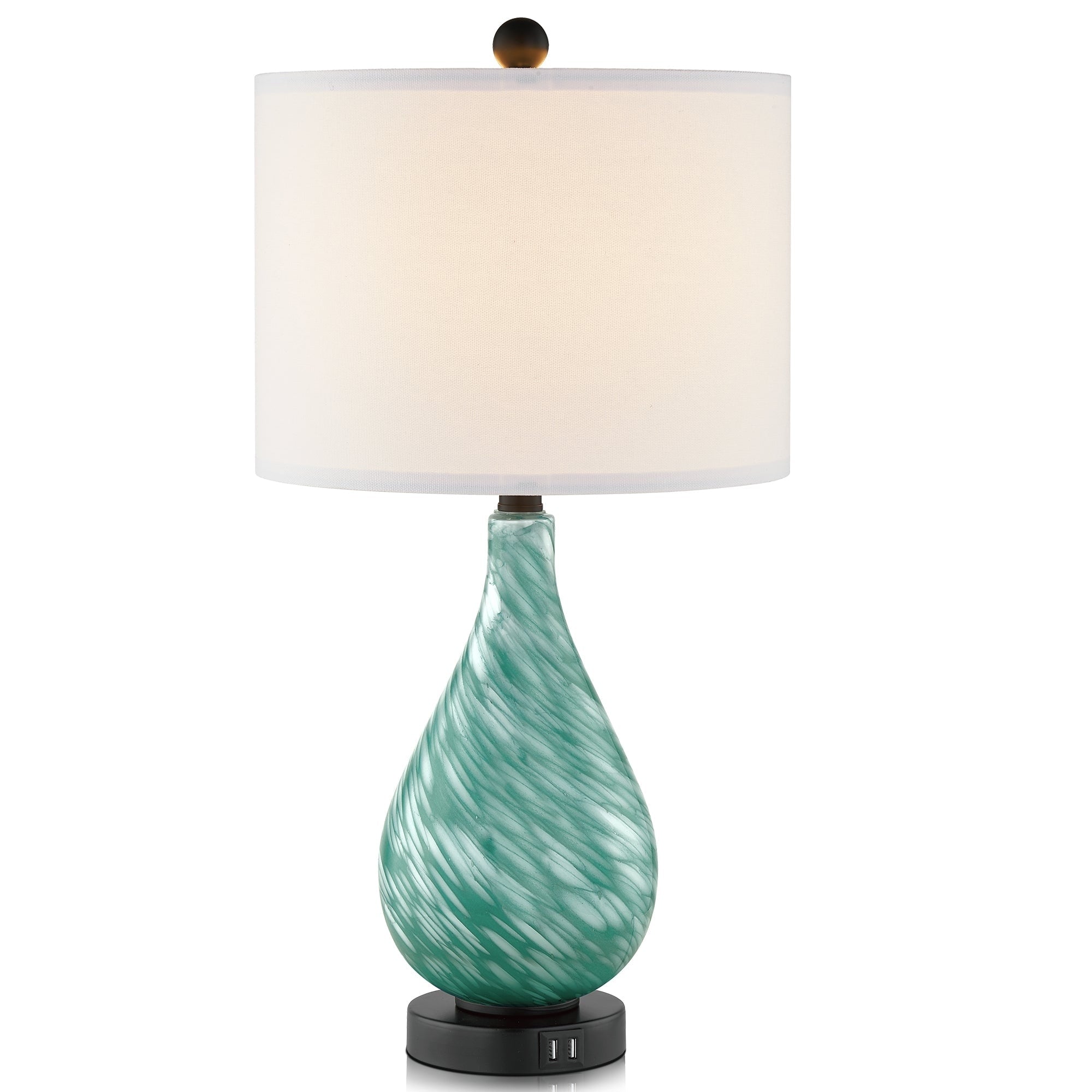 Cinkeda Table Lamp Teal Green Glass 3-Way Touch Dimming Dual USB Ports - 12'' x 12'' x 24'' (L x W x H)