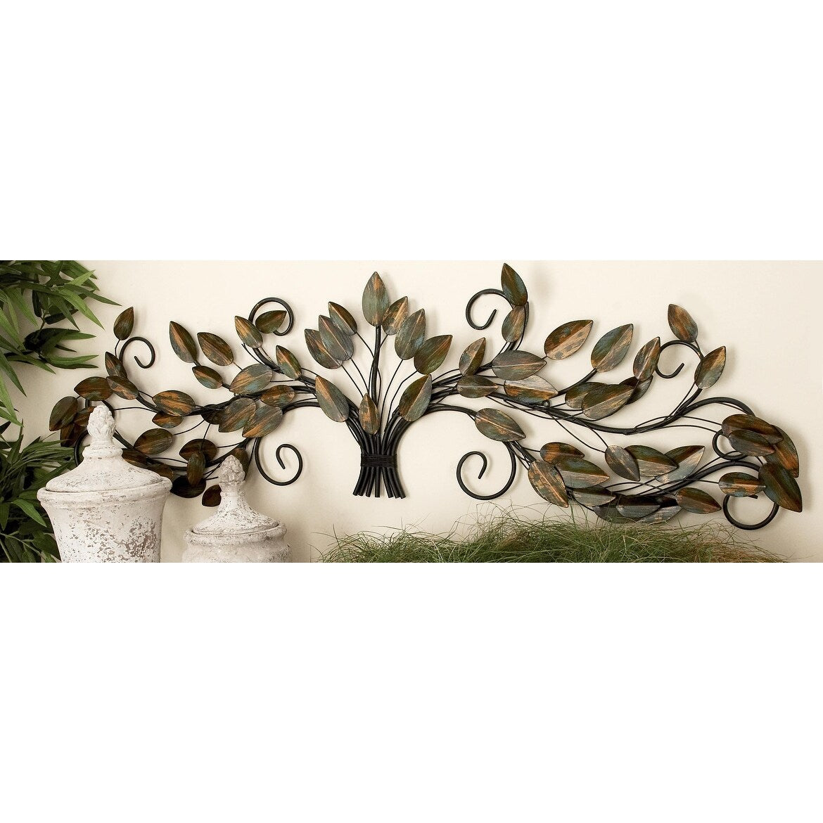 Metal Leaf Long Scrolled Home Wall Decor with Weathered Patina Accents - Brown - Roche River Decor