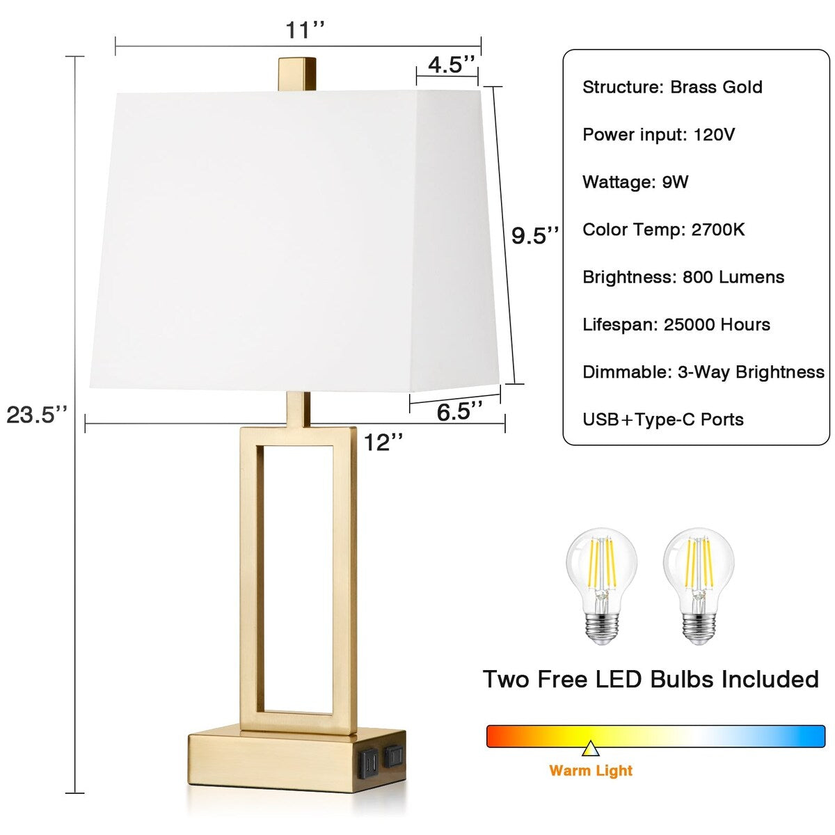 Gold Door Style Table Lamps with USB and Type-C Charging Ports AC Socket and 3-Way Touch Dimming Switch (Set of 2)