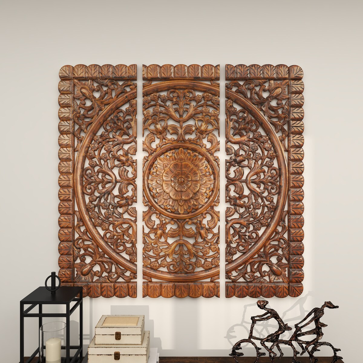 Wooden Floral Handmade Intricately Carved Mandala Panel Home Wall Decor - Set of 3 Brown - Roche River Decor