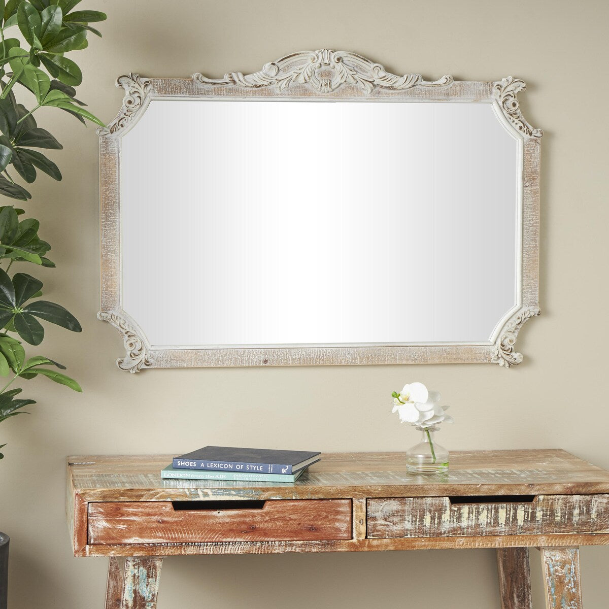 Wooden Scroll Room Wall Mirror with Curved Corners and Brown Distressing - Cream - Roche River Decor