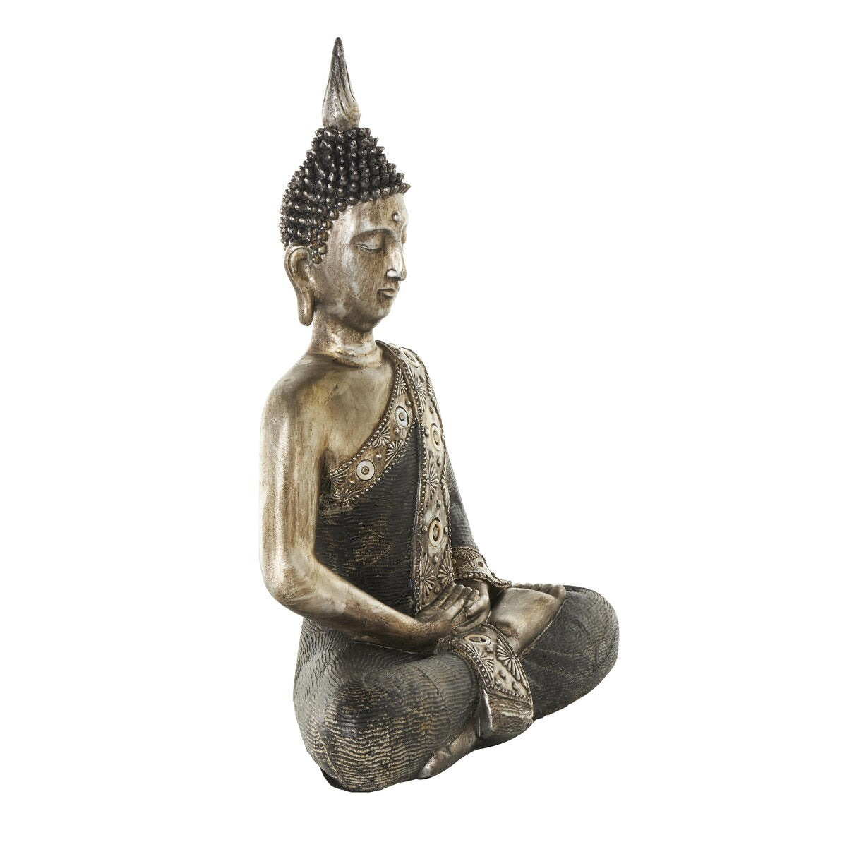 Polystone Buddha Meditating Decorative Sculpture with Engraved Carvings and Relief Detailing - Brass - Roche River Decor