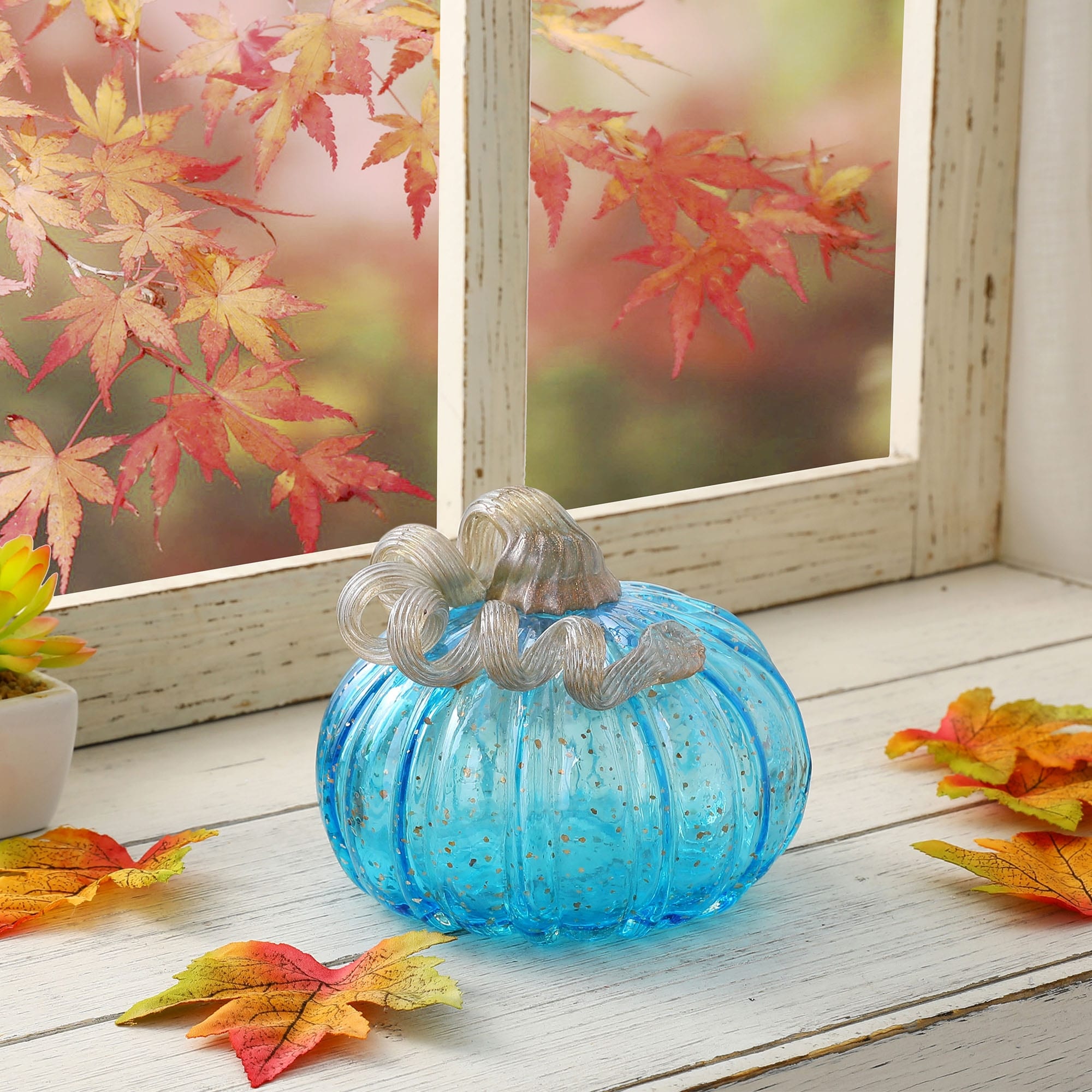 Glitzhome Hand Blown Blue Glass Pumpkin Thanksgiving Table Decor Christmas Gifts