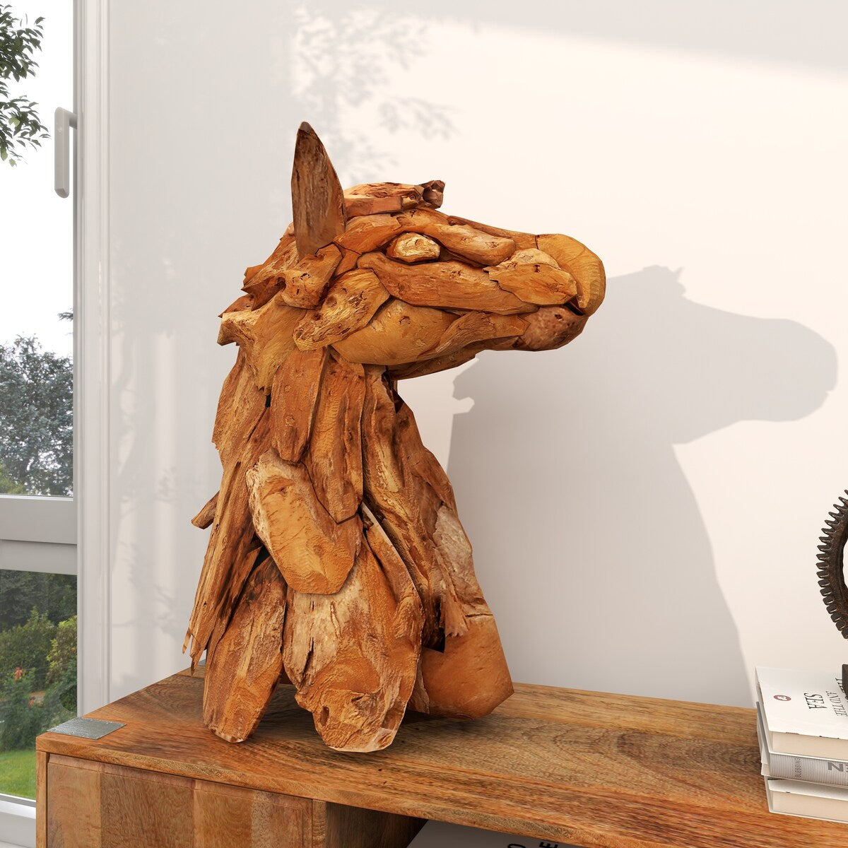 Teak Wood Horse Handmade Head Decorative Sculpture with Layered Woodchip Pieces - Brown - Roche River Decor