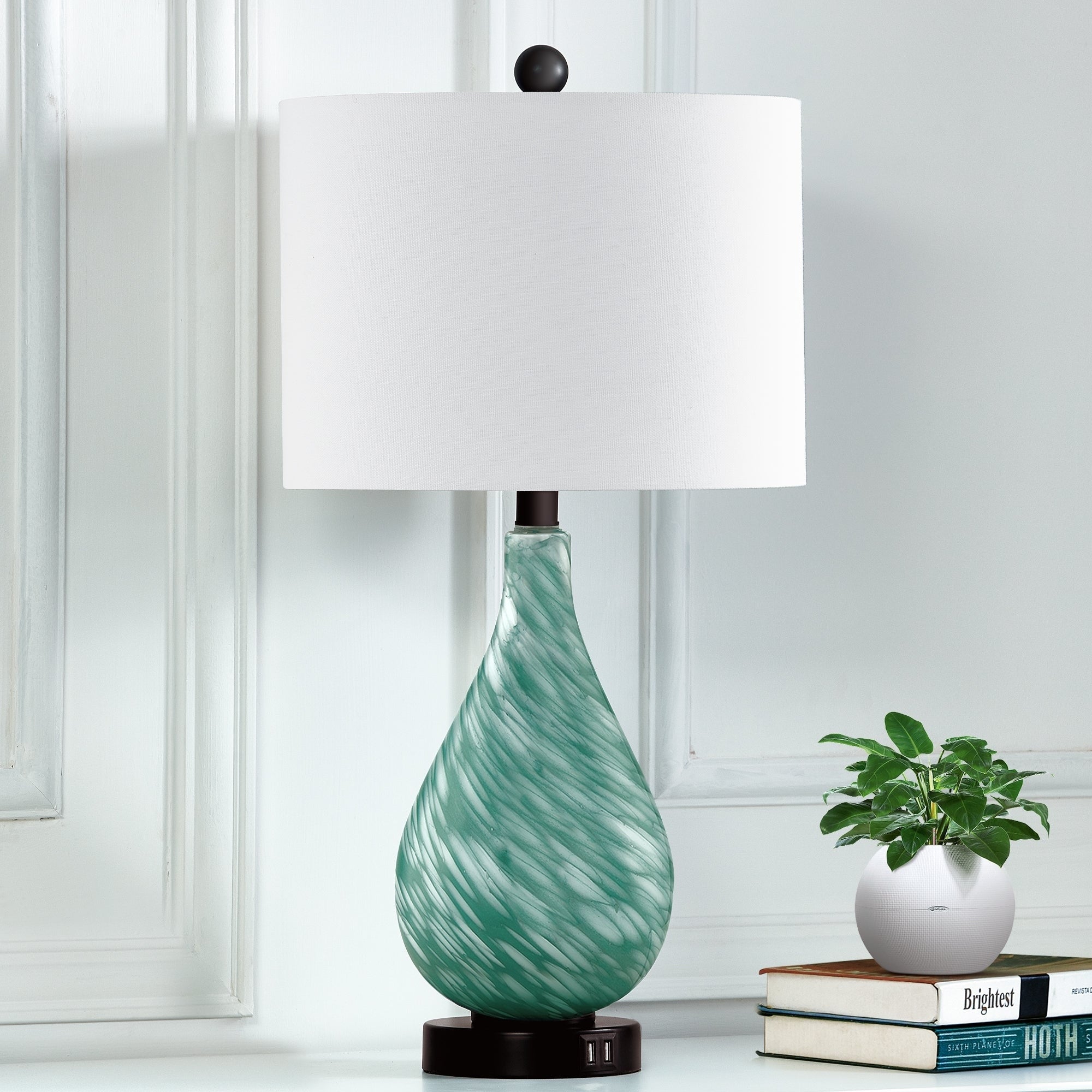 Cinkeda Table Lamp Teal Green Glass 3-Way Touch Dimming Dual USB Ports - 12'' x 12'' x 24'' (L x W x H)