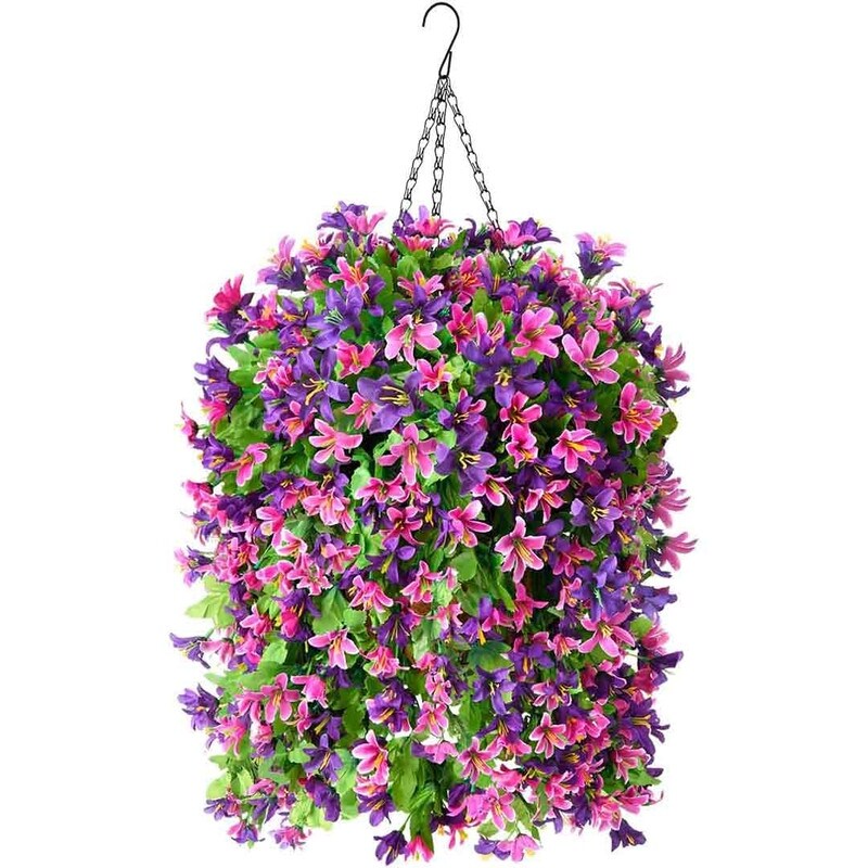 Artificial Hanging Flowers in Basket for Outdoor Spring Decoration,4pcs Faux Silk Violet Flower Bouquet UV Resistant