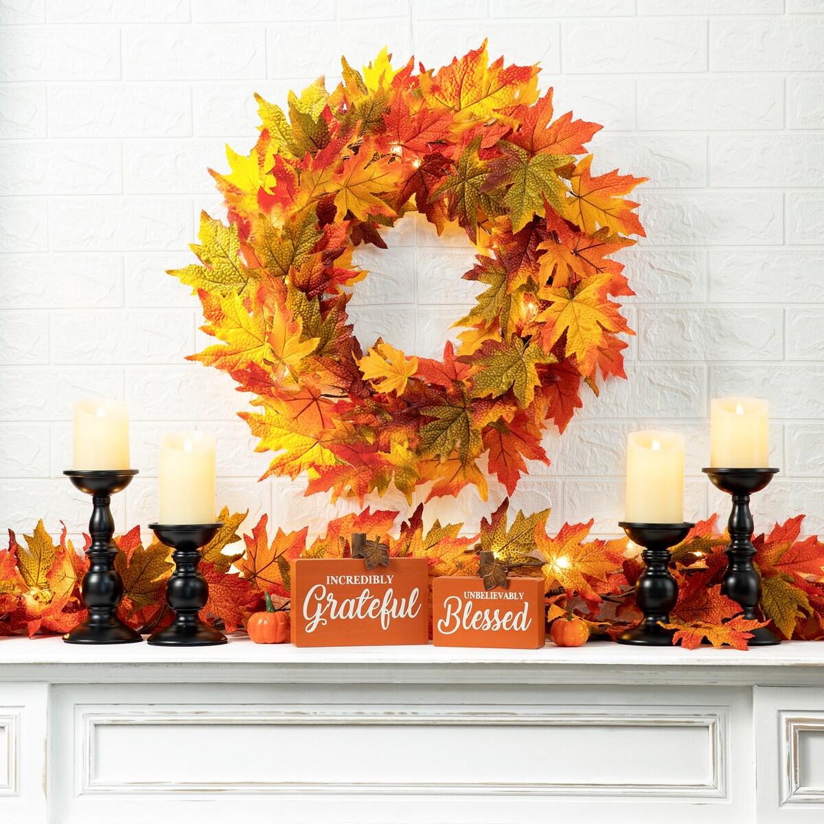 Glitzhome Thanksgiving LED Lighted Fall Maple Leaves Wreath & Garland