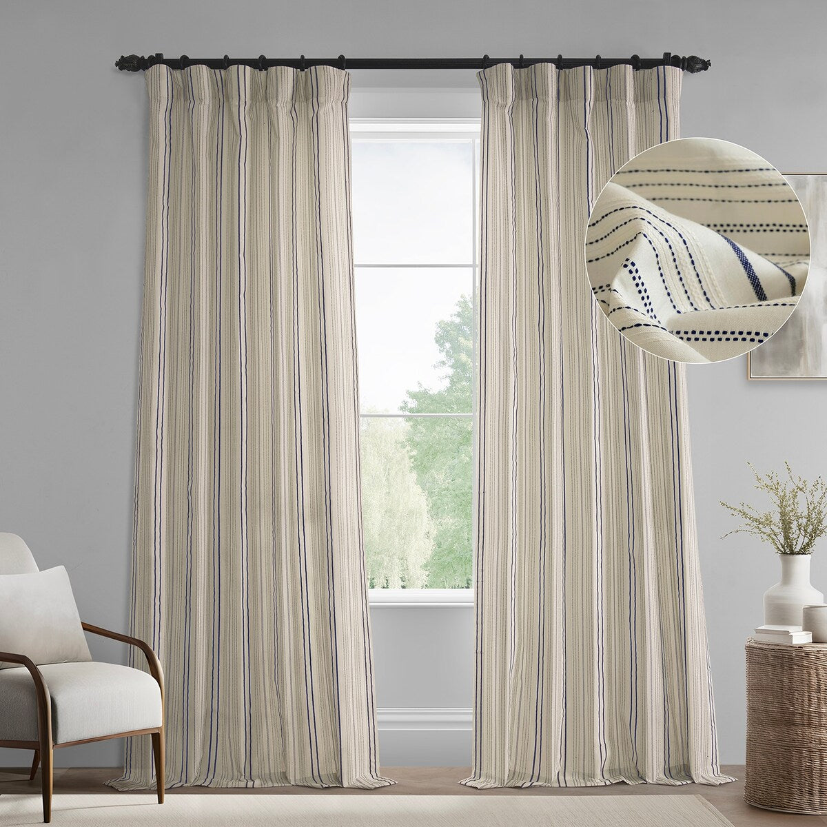 Exclusive Fabrics Striped Blue Linear Cotton Light Filtering Curtains For Bedroom & Living Room Curtains Pair (2 Panels)