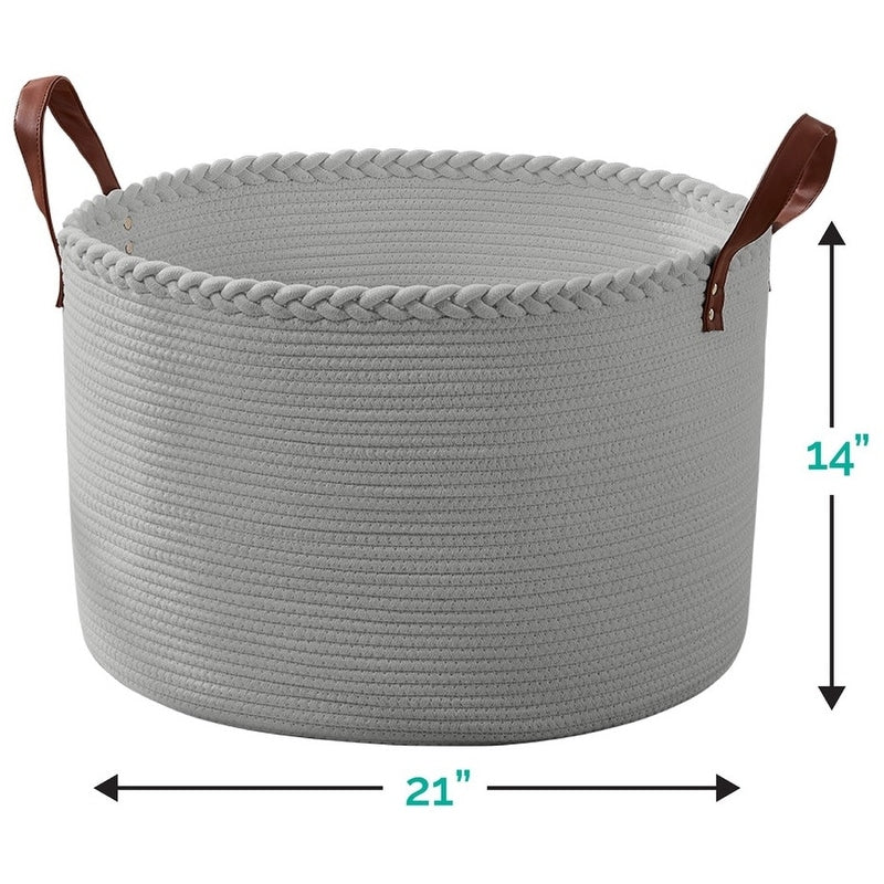 Large Round Cotton Rope Storage Basket Laundry Hamper with Leather Handles, 21 x 21 x 14 - 21 x 21 x 14