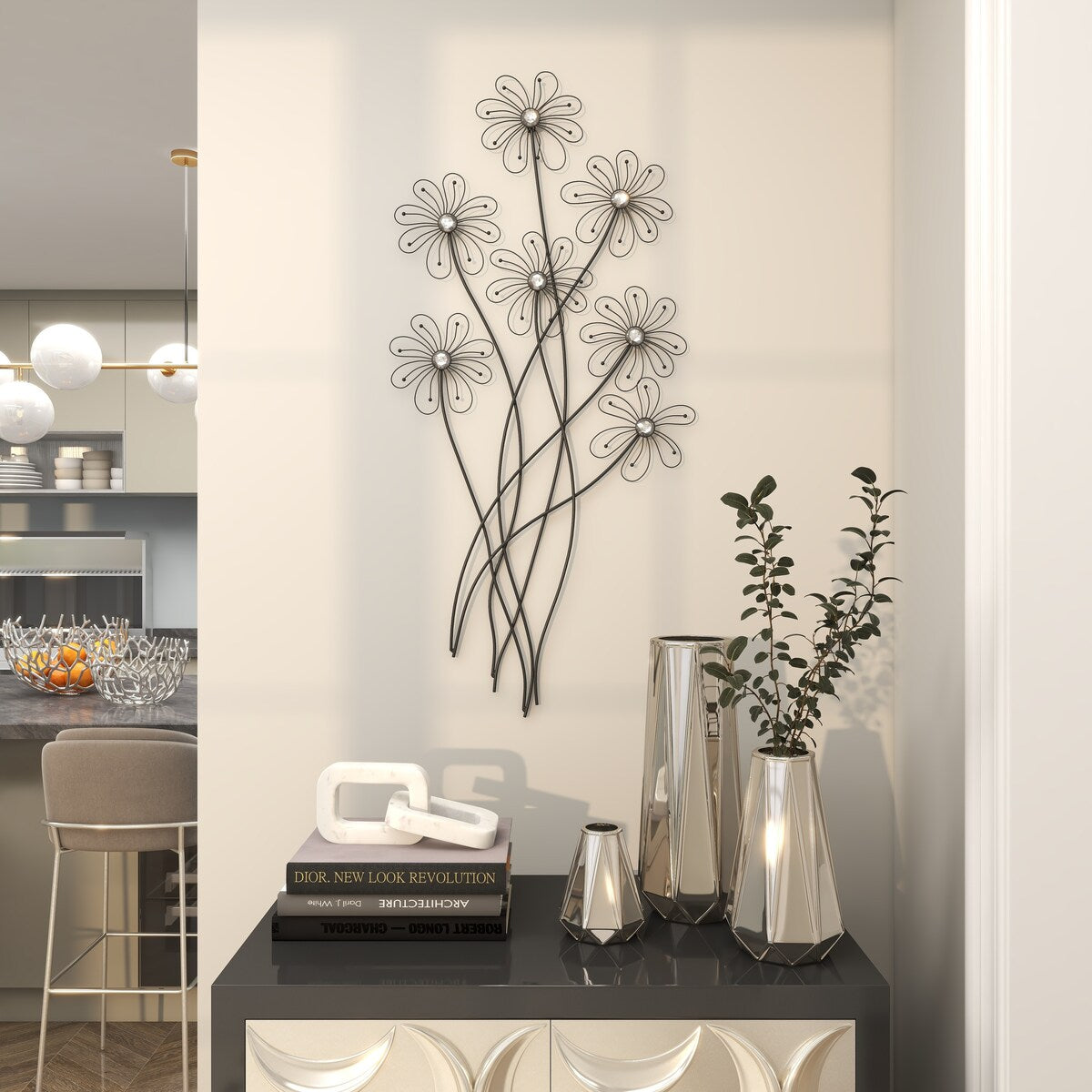 Metal Floral 3D Wire Home Wall Decor with Crystal Embellishments - Black - Roche River Decor