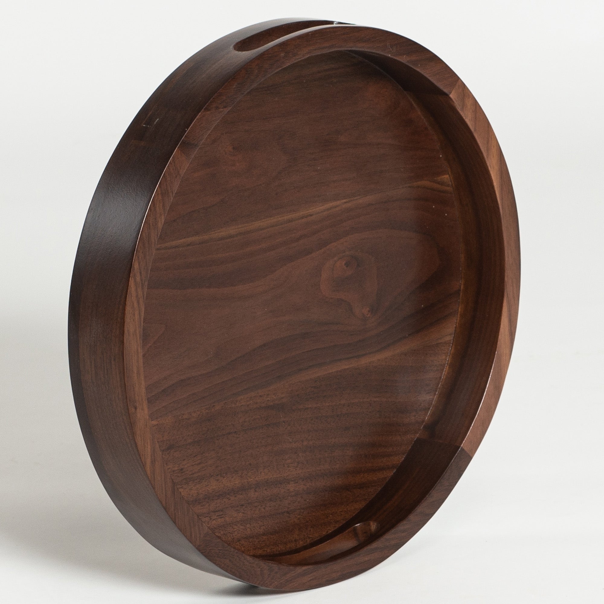 Round Black Walnut Wood Serving Tray Ottoman Tray with Handles