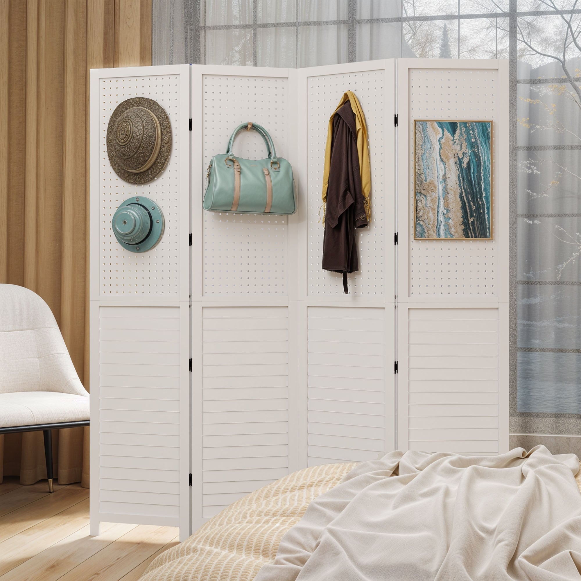 Moasis 67 White 4-Panel Wood Room Screen Divider