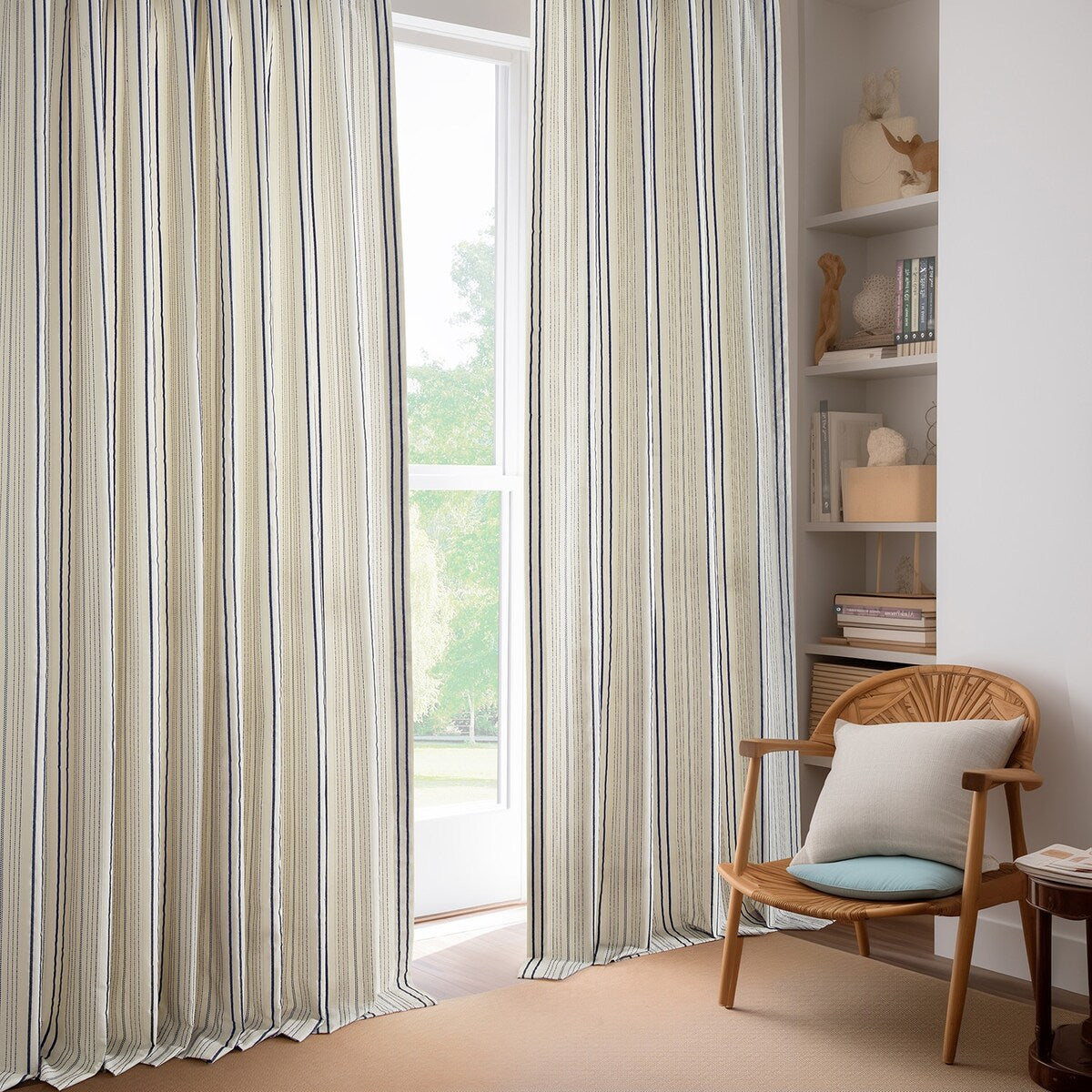 Exclusive Fabrics Striped Blue Linear Cotton Light Filtering Curtains For Bedroom & Living Room Curtains Pair (2 Panels)