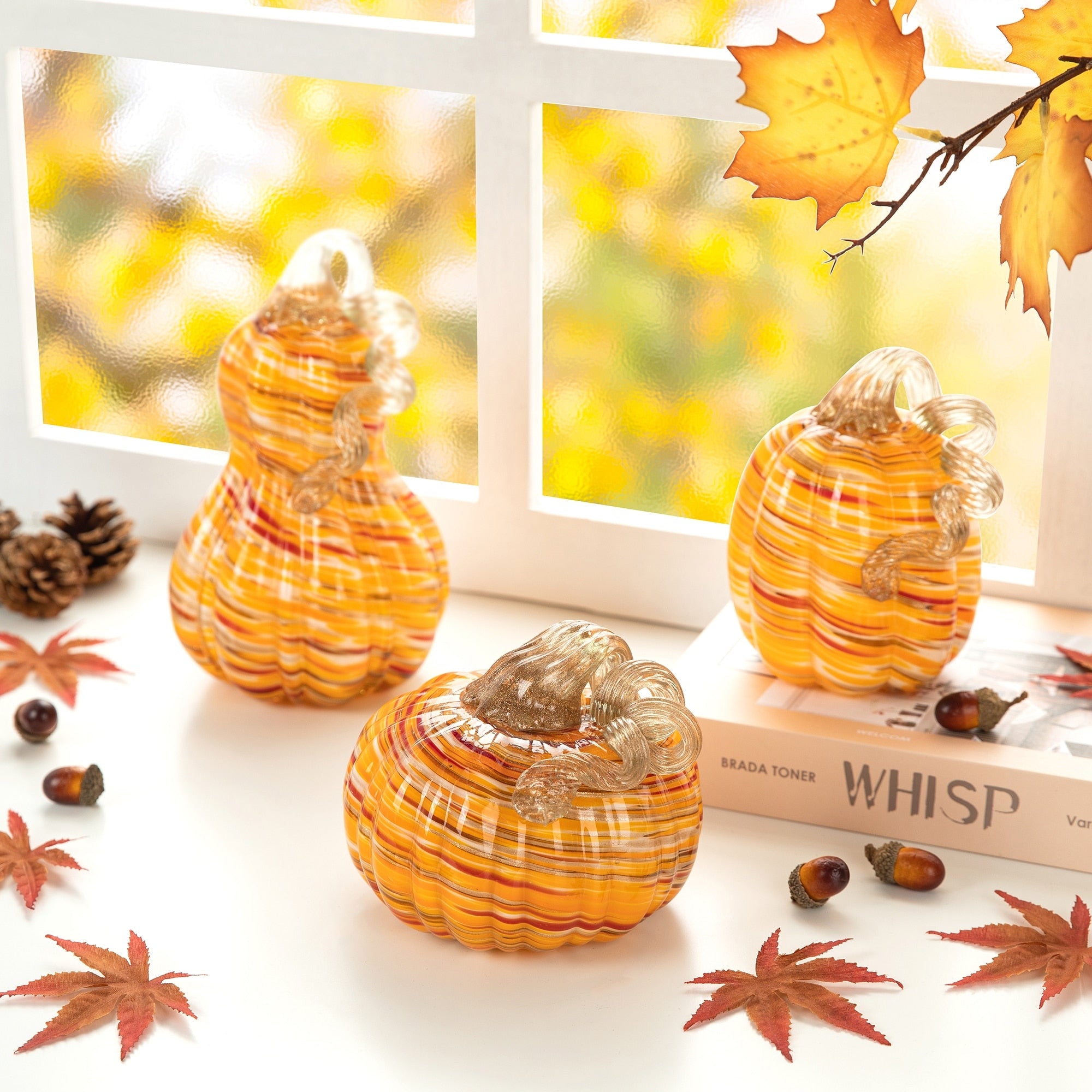 Glitzhome S/3 Thanksgiving Harvest Glass Pumpkin & Gourd Decor Christmas Centerpiece