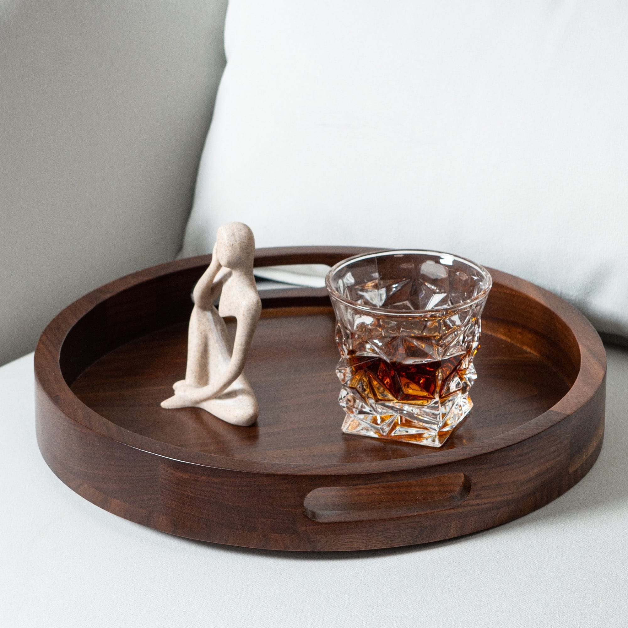 Round Black Walnut Wood Serving Tray Ottoman Tray with Handles