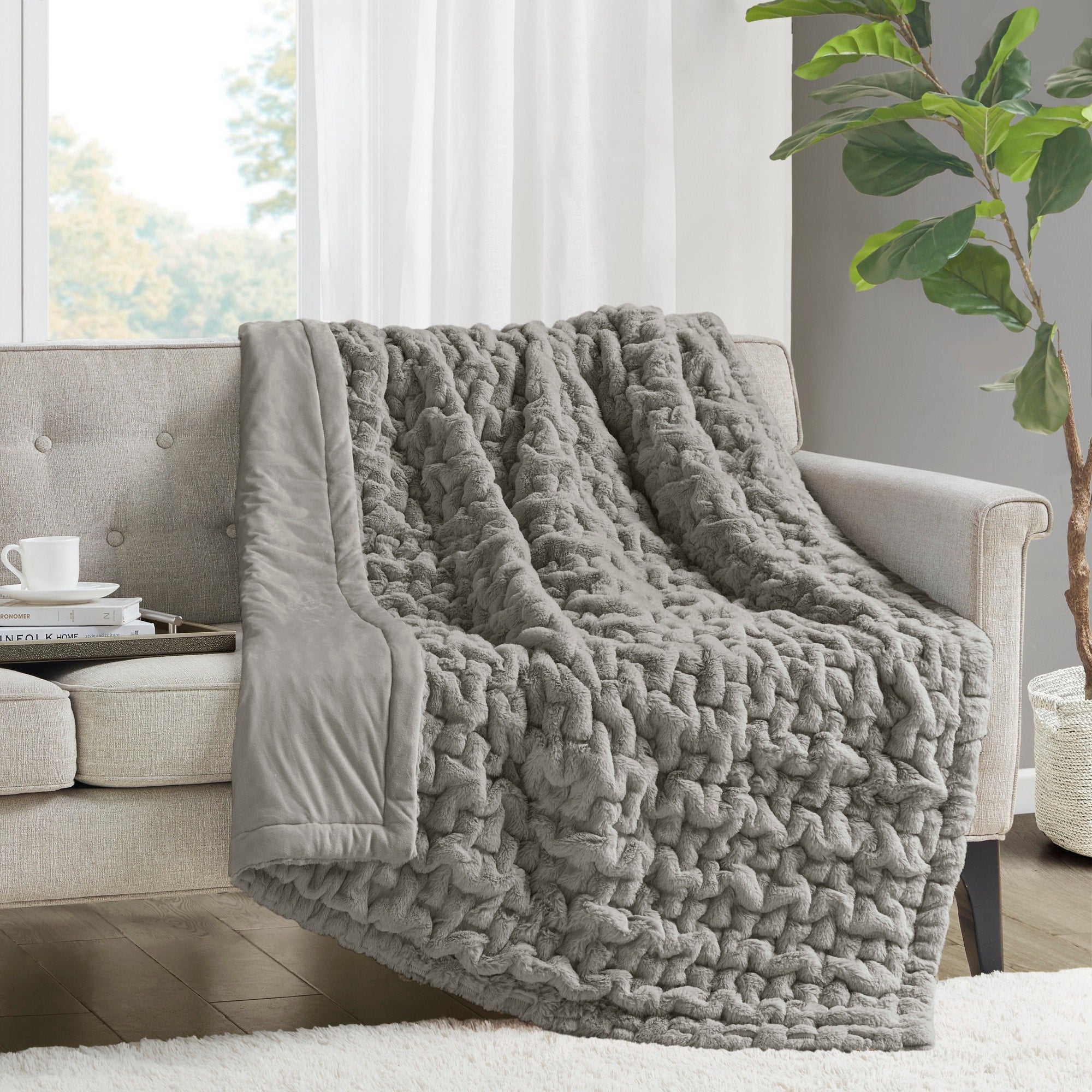 Madison Park Ruched Fur Throw