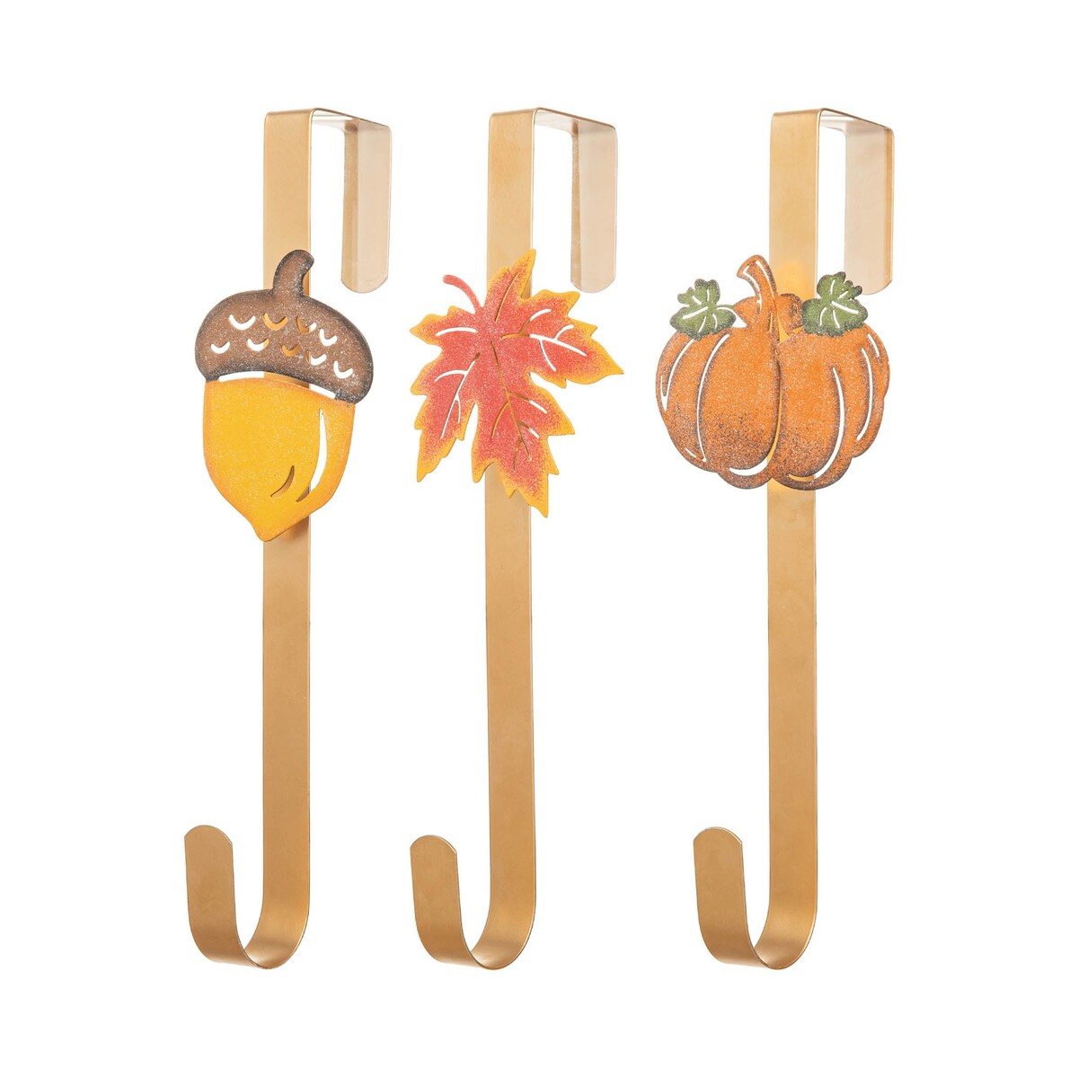 Glitzhome Set of 3 Fall Metal Glitter Acorn Leaf Pumpkin Wreath Hangers for Thanksgiving