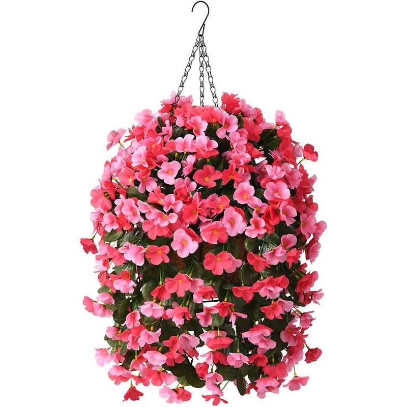 Artificial Plant Hanging Basket, 15.7' x 15.7' x 21.6', Blue, 4pcs Begonias Silk Flowers, for Patio Garden Decor