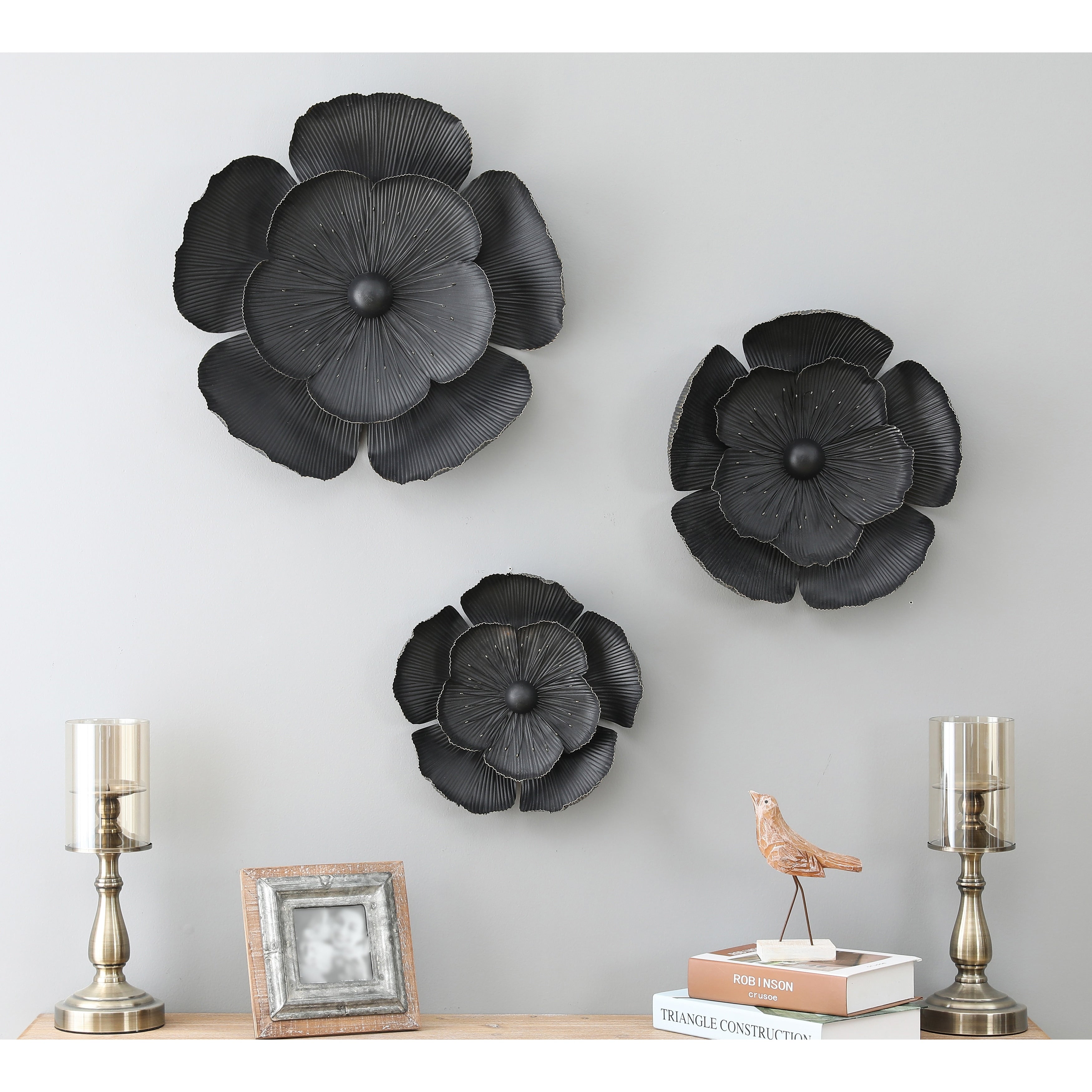 Black Multi-Size Metal Flowers Wall Decor (Set of 3)