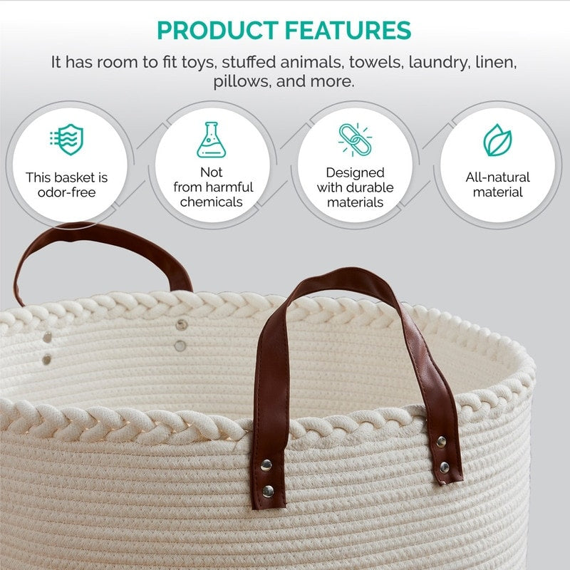 Large Round Cotton Rope Storage Basket Laundry Hamper with Leather Handles, 21 x 21 x 14 - 21 x 21 x 14