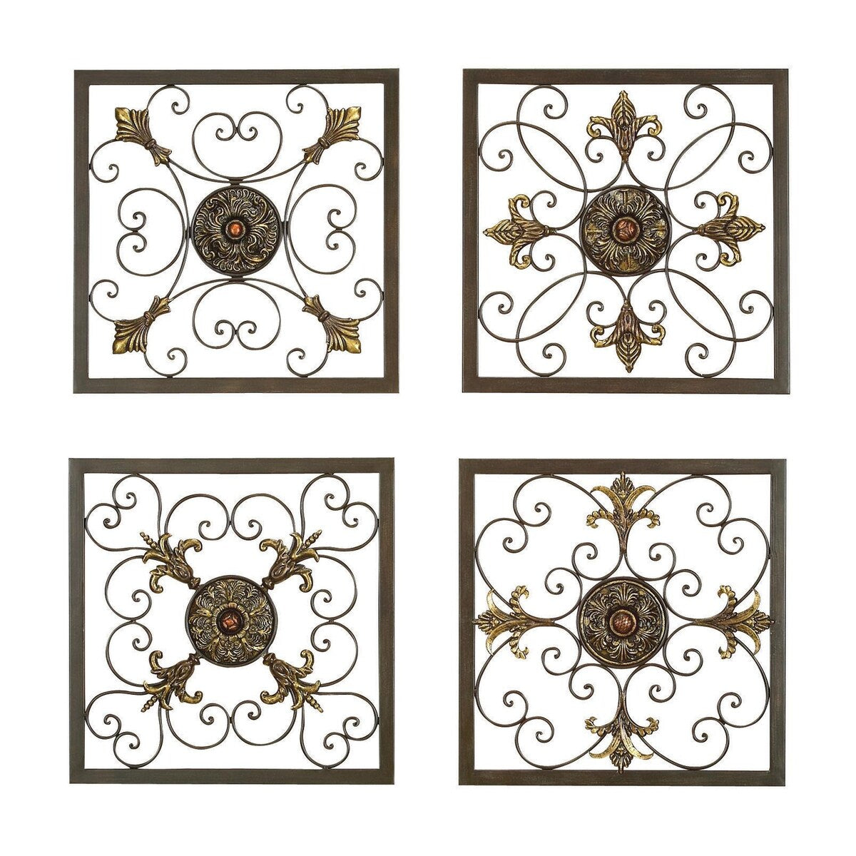 Metal Fleur De Lis Wire Scroll Home Wall Decor with Gold Accents - Set of 4 Brown - Roche River Decor