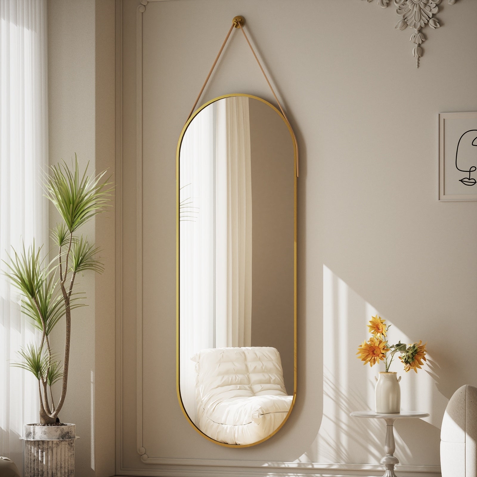 48 x 16 Full Length Hanging Wall Mirror with Leather Strap