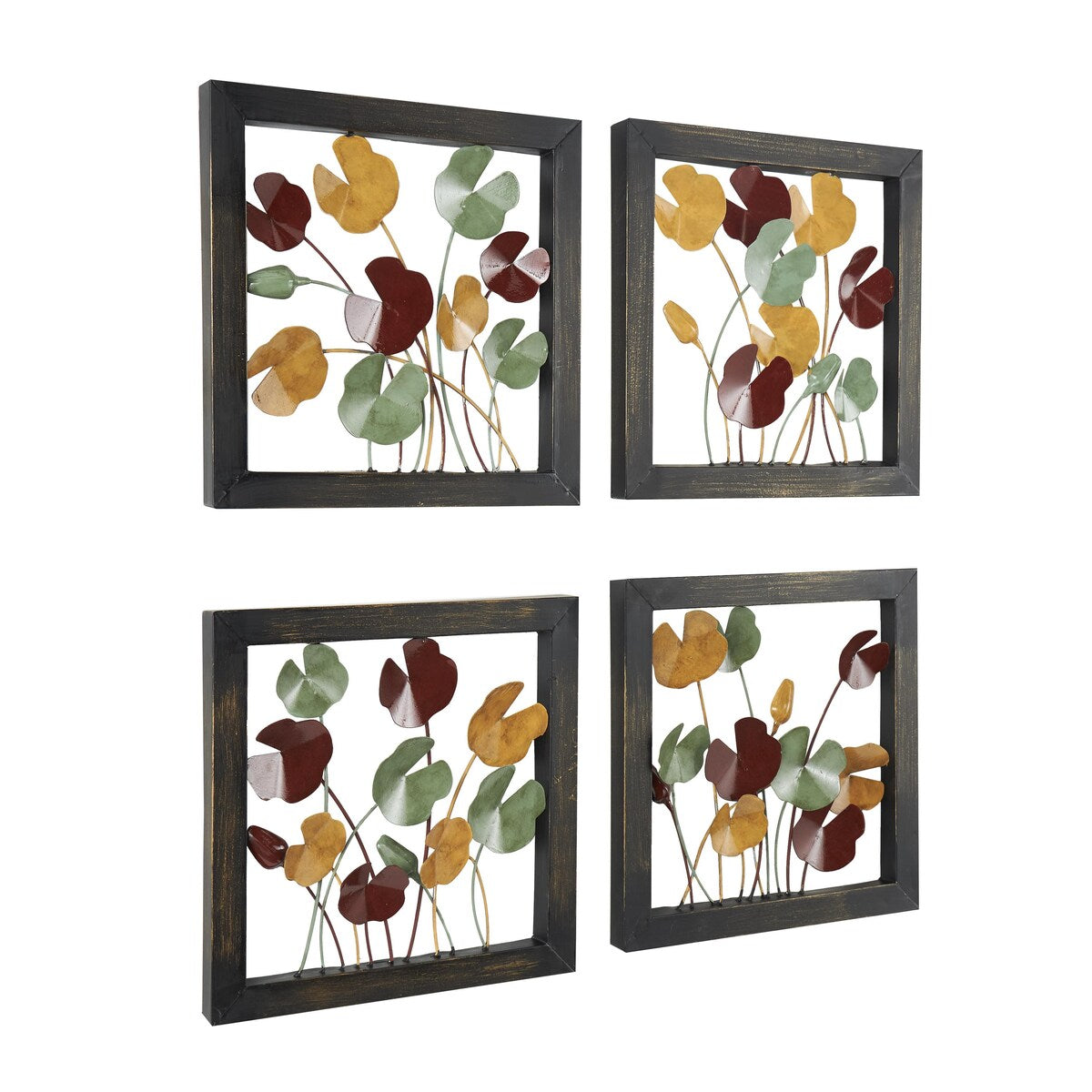 Metal Floral Home Wall Decor with Black Frame - Set of 4 Multi Colored - Roche River Decor