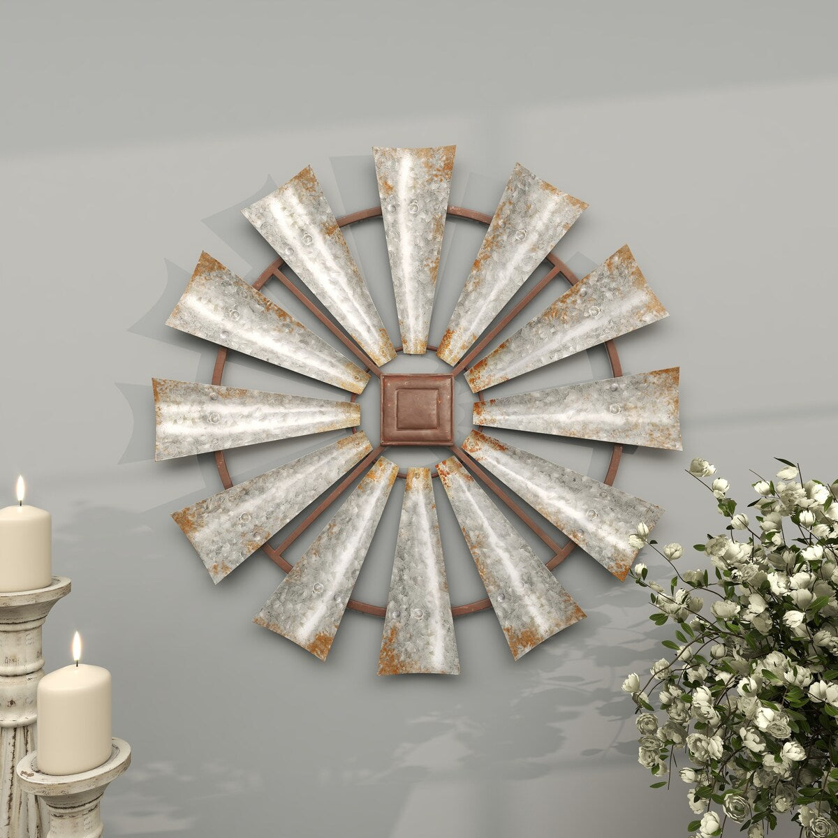 Metal Windmill Distressed Galvanized Home Wall Decor with Rust Frame - Silver - Roche River Decor