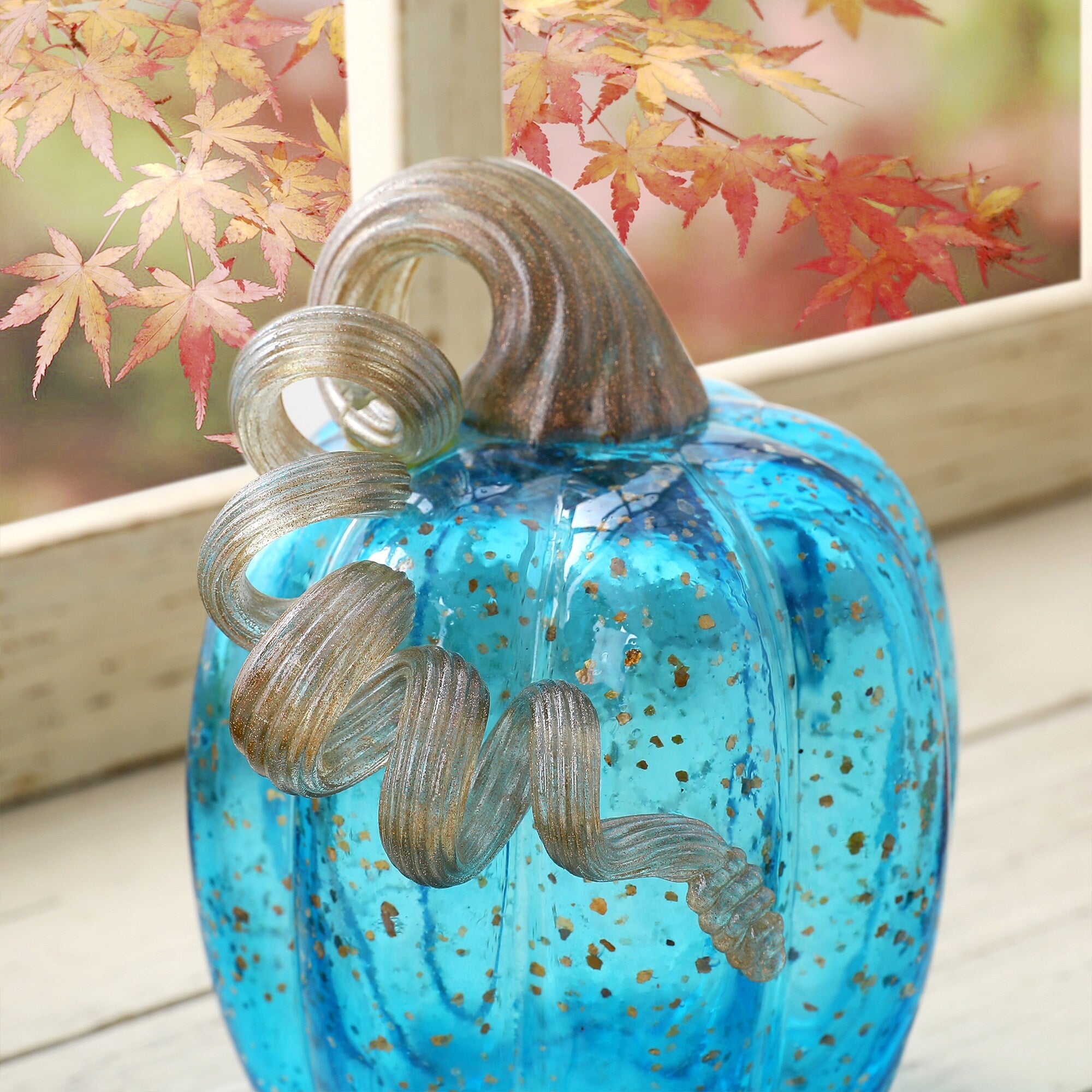 Glitzhome Hand Blown Blue Glass Pumpkin Thanksgiving Table Decor Christmas Gifts