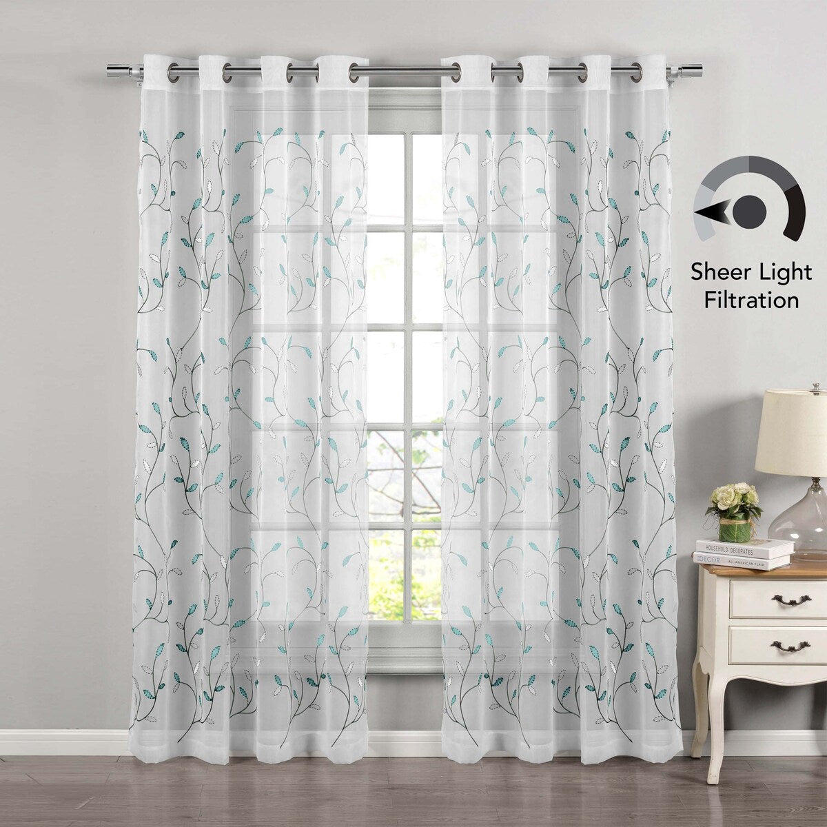 Wavy Leaves Embroidered Sheer Extra Wide Window Curtain (Single Panel)