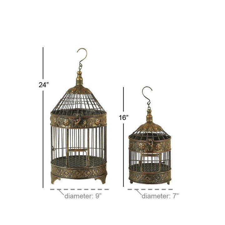 Metal Floral Antique Twisted Rod Birdcage with Latch Closure and Hanging Hook - Set of 2 Bronze - Roche River Decor