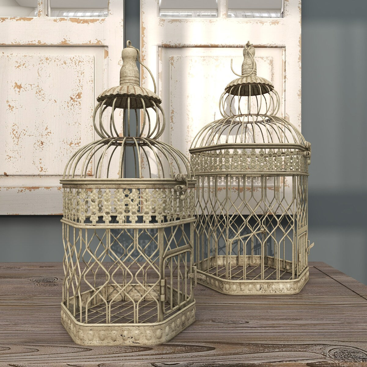 Metal Scroll Distressed Wire Birdcage with Latch Lock Closure and Hanging Hook - Set of 2 Cream - Roche River Decor