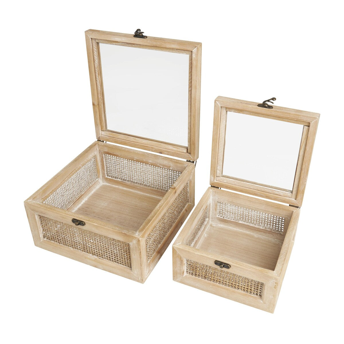 Wood Glass Top Decorative Box with Rattan Side Panels and Bronze Hook Closures - Set of 2 Light Brown - The Novogratz