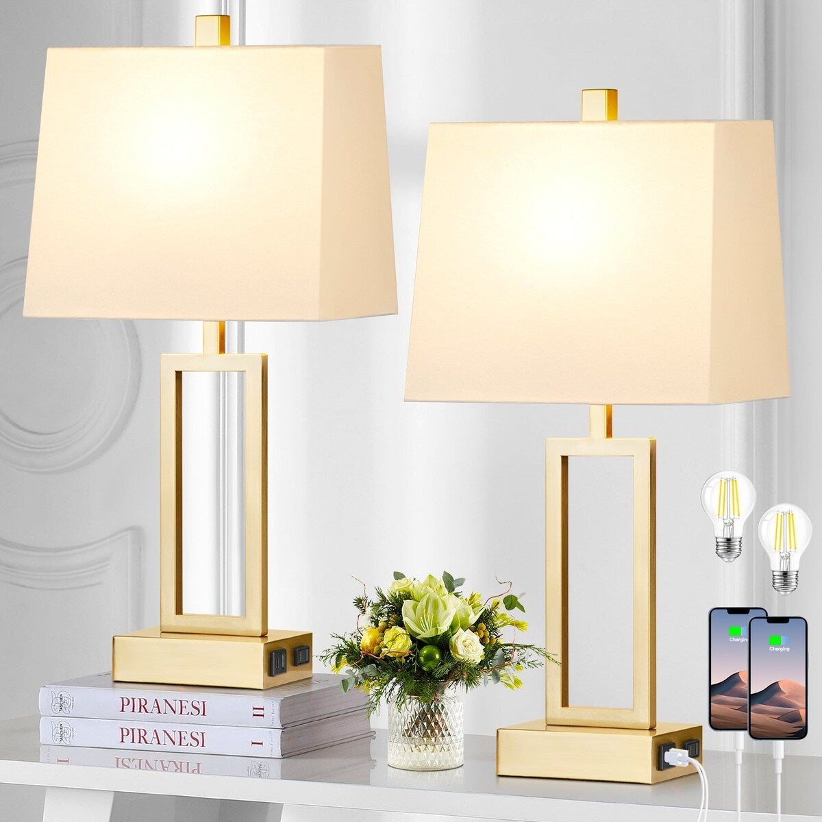 Gold Door Style Table Lamps with USB and Type-C Charging Ports AC Socket and 3-Way Touch Dimming Switch (Set of 2)