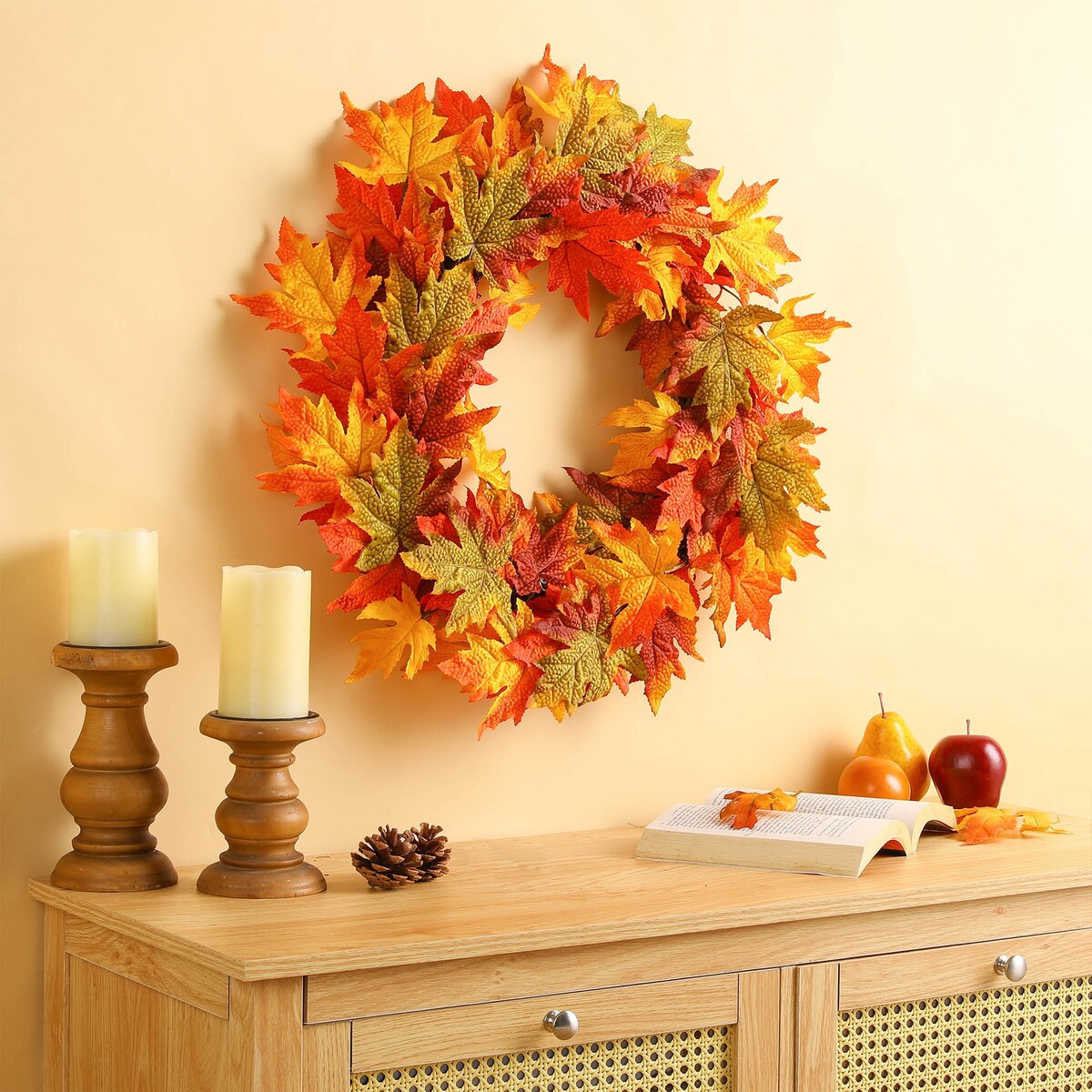 Glitzhome Thanksgiving LED Lighted Fall Maple Leaves Wreath & Garland