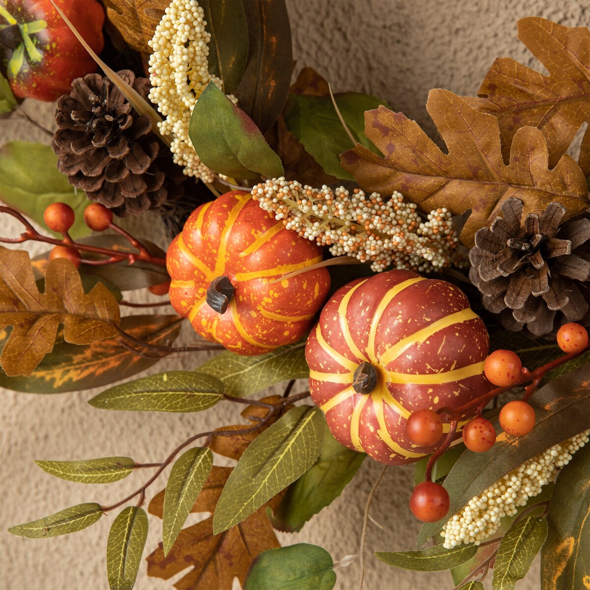 Glitzhome Fall Pumpkin Leaf Pine Cones Floral Swag Wreath