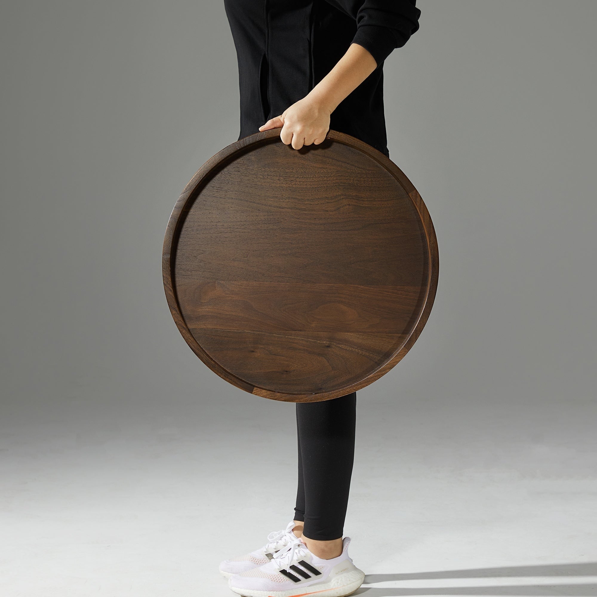 Round Black Walnut Wood Serving Tray Ottoman Tray with Handles