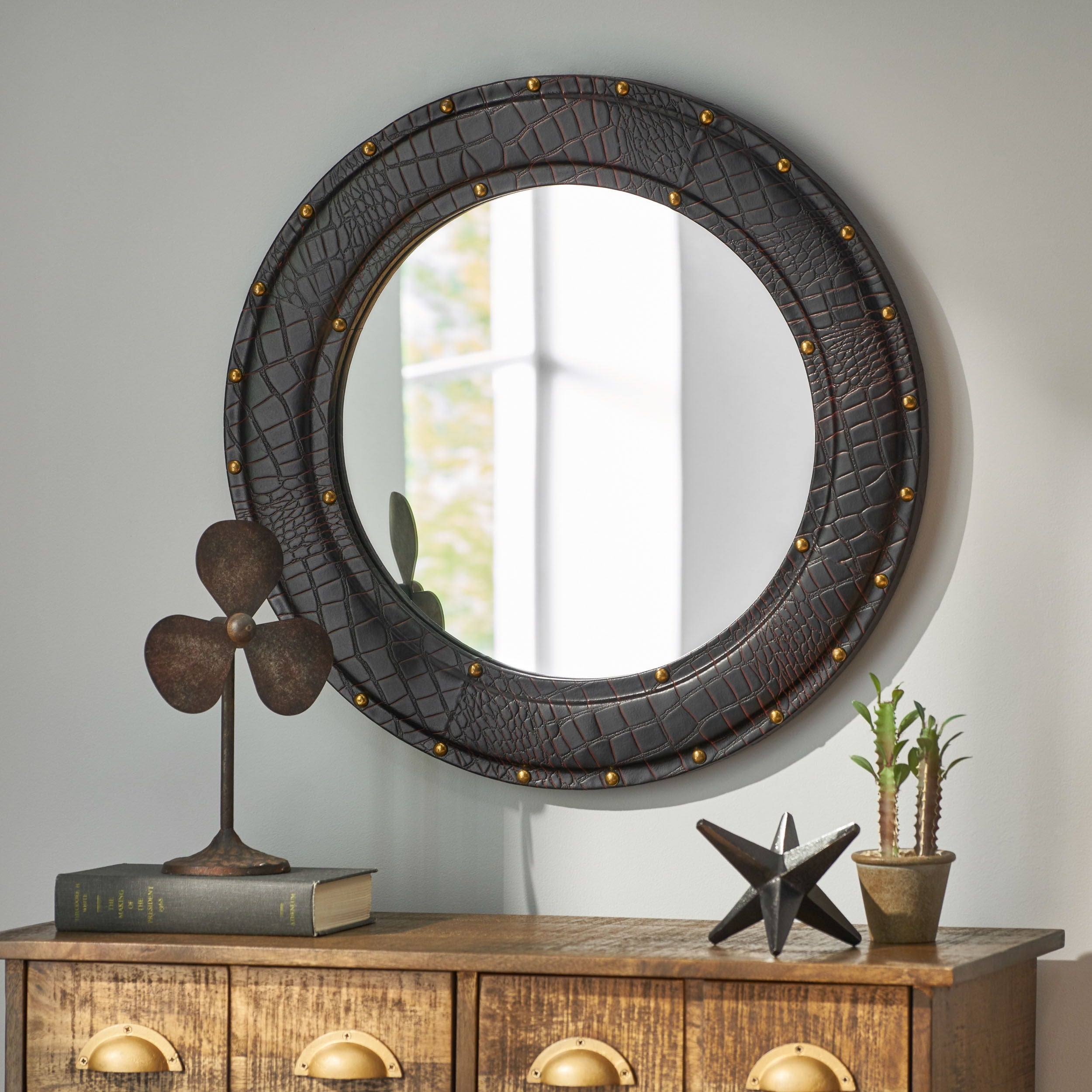 Dodds Indoor Croco Leather Handcrafted Studded Round Wall Mirror by Christopher Knight Home