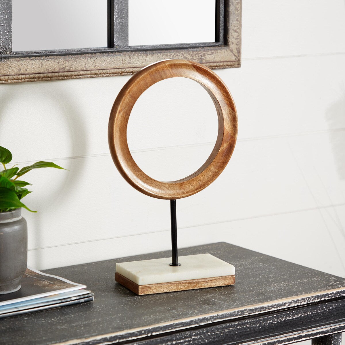 Mango Wood Geometric Circle Decorative Sculpture with Marble Stand - Brown - Roche River Decor