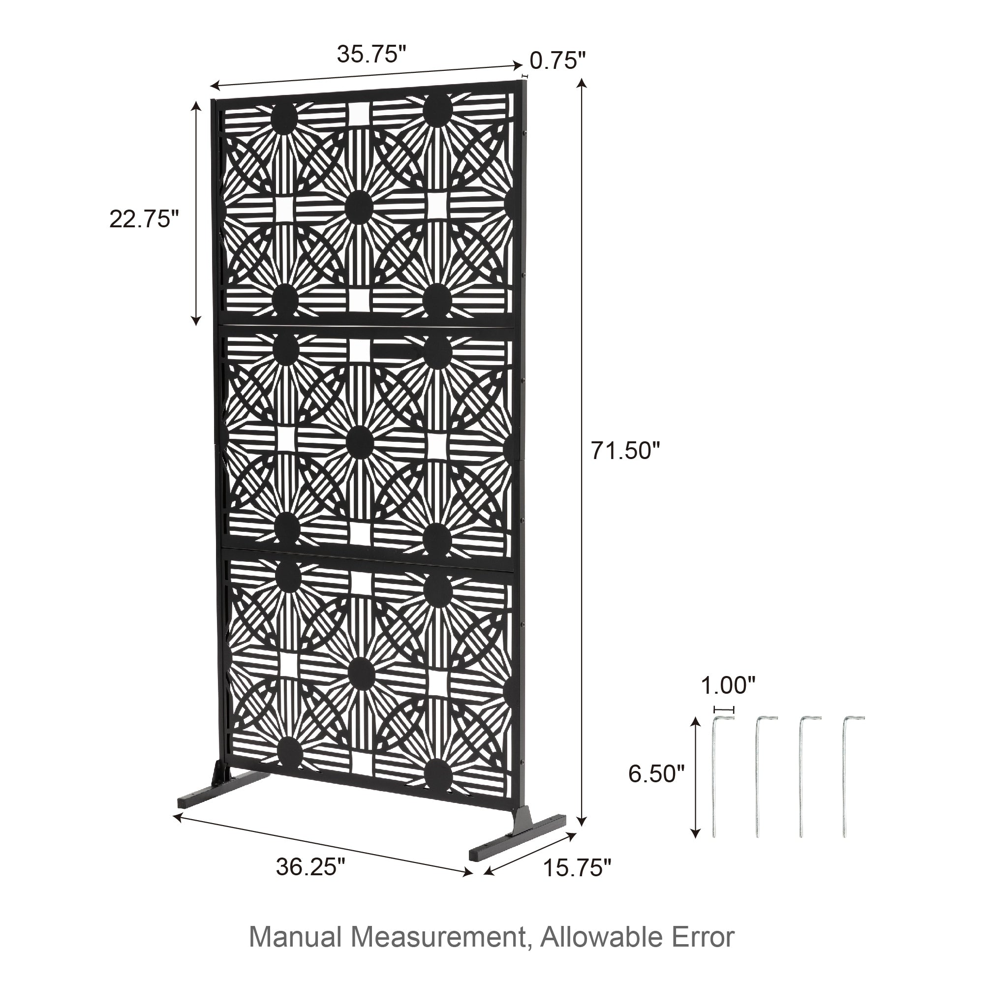 Glitzhome 6ft Galvanized Floral Patterned 3-Panel Privacy Screen Room Divider Fences