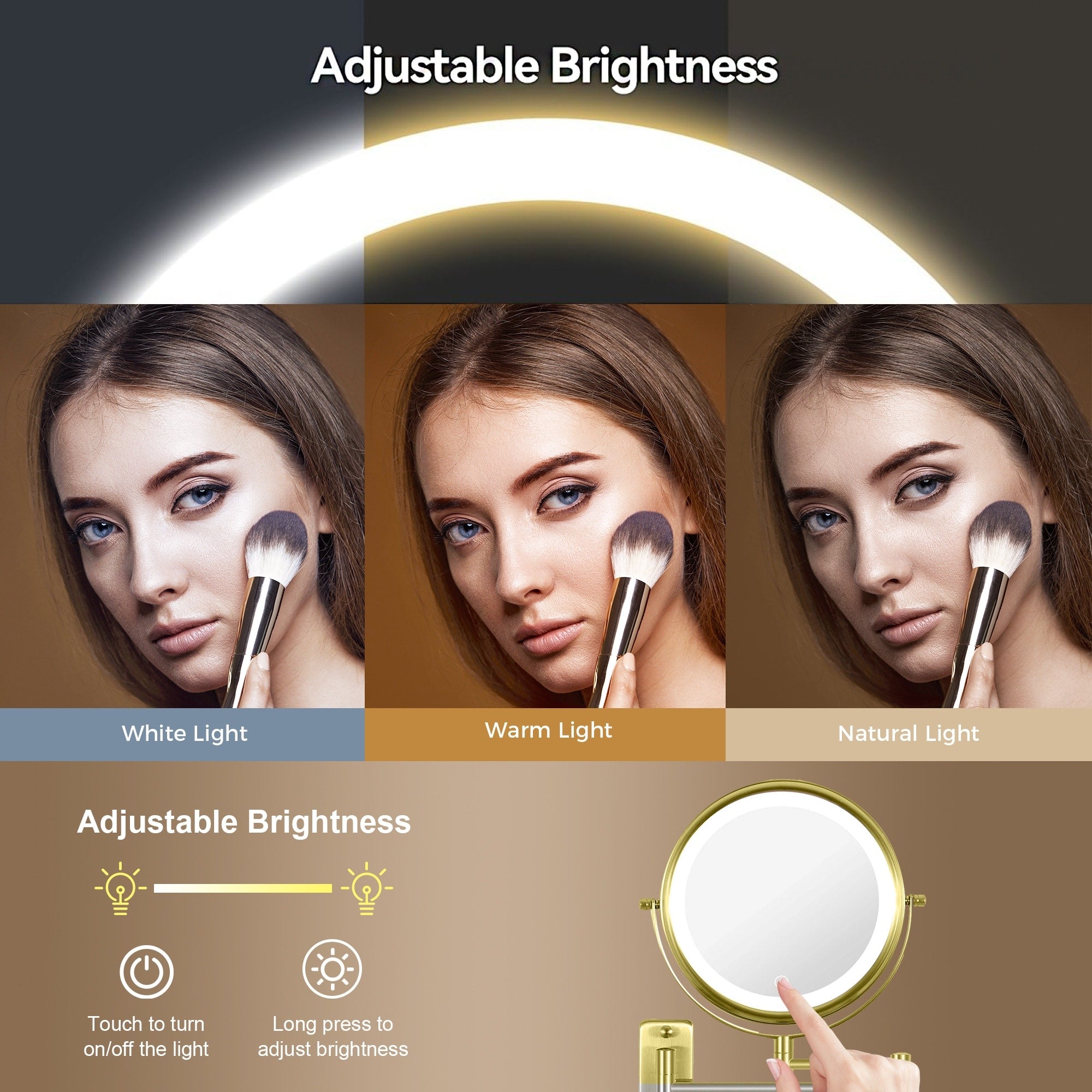 8 Round Wall Mount Bathroom Makeup Mirror, Rechargeable, Magnification 1x/10x, 3 Color Lights