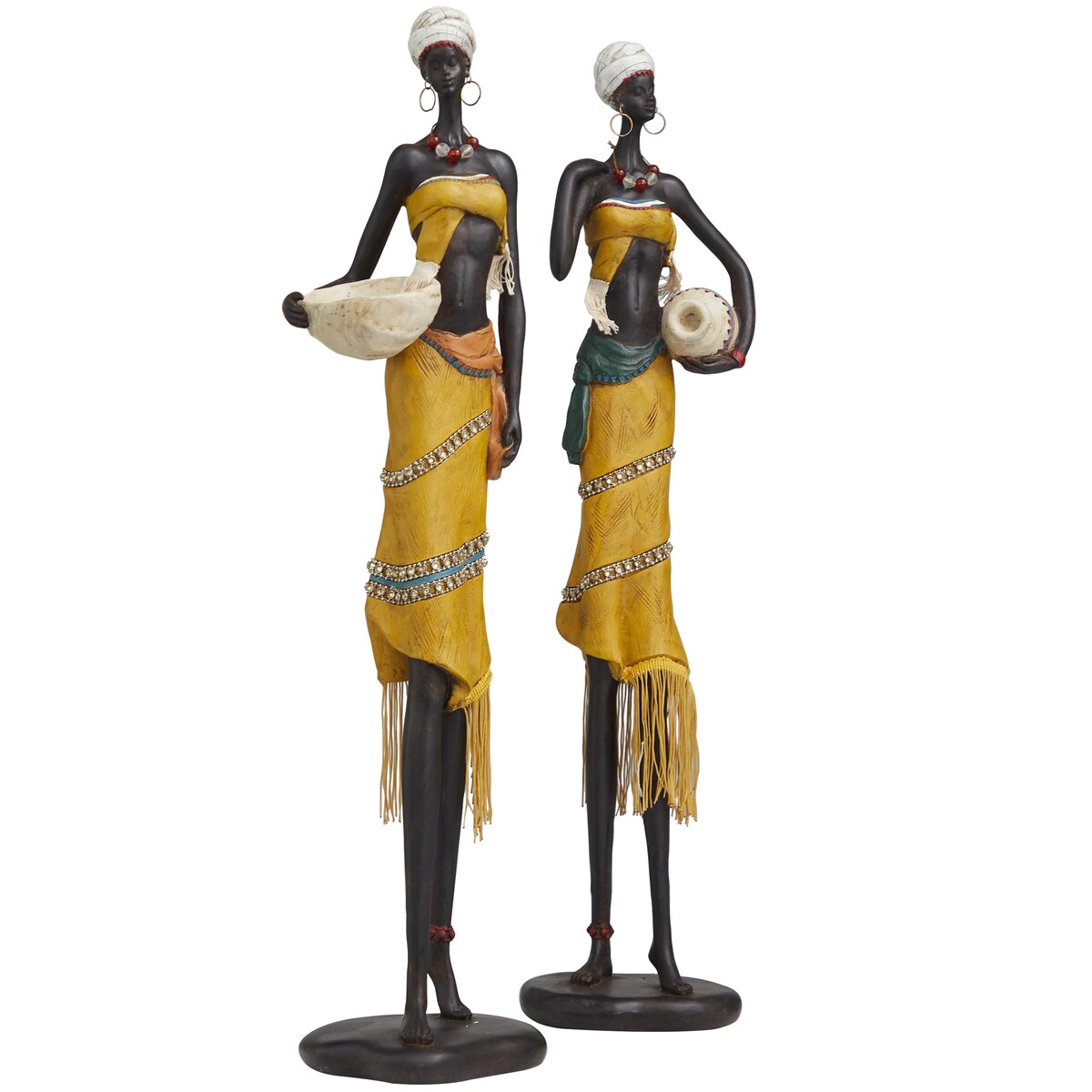 Polystone People Handmade African Woman Decorative Sculpture with Jeweled Details - Set of 2 Yellow - Roche River Decor