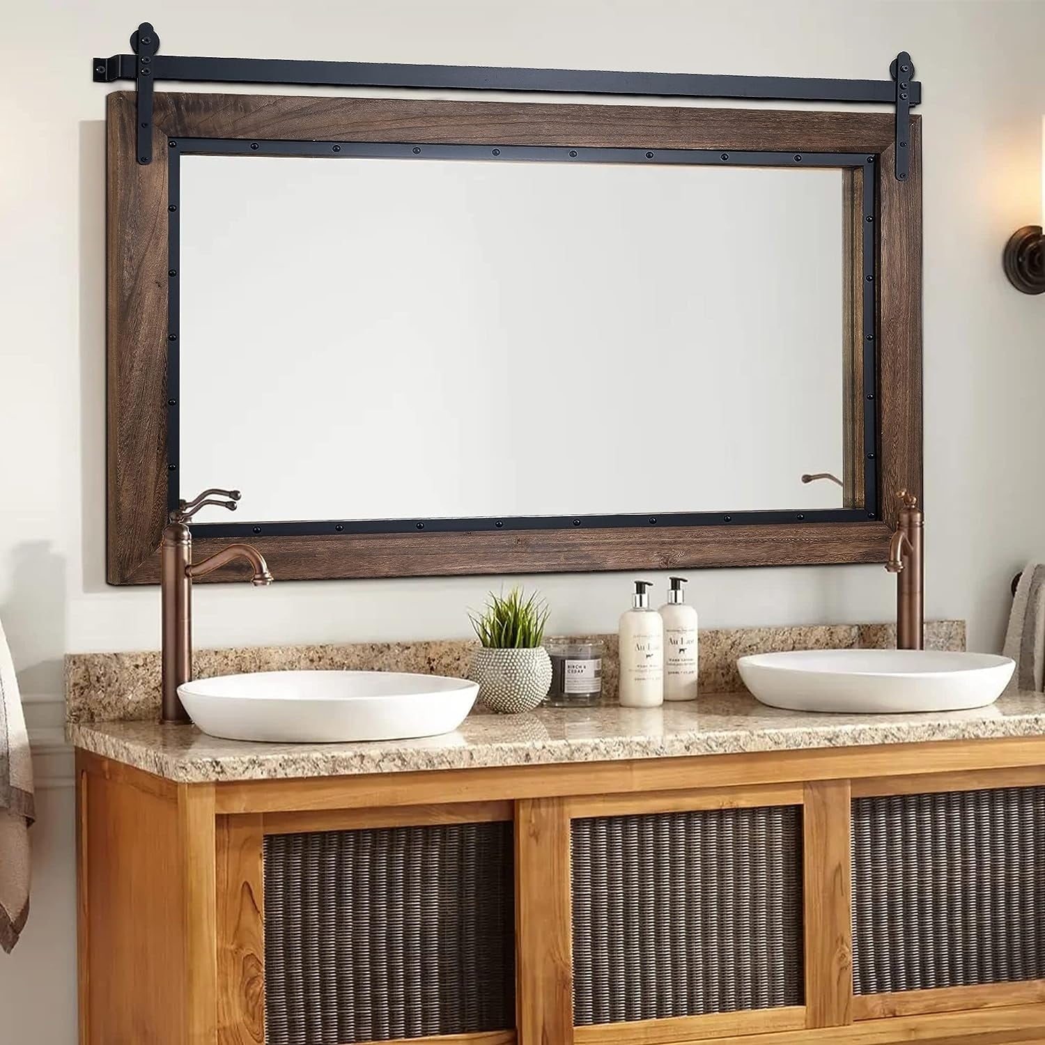 Farmhouse Barn Door Style Natural Wood Bathroom Vanity Wall Mirror